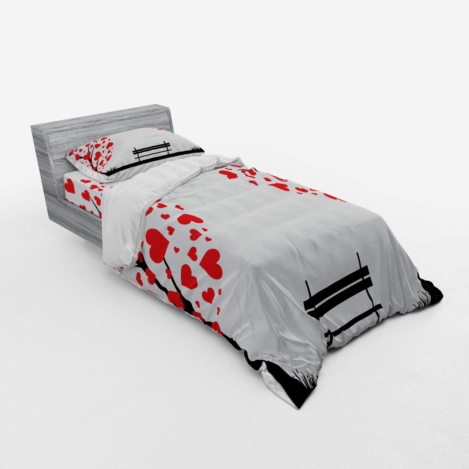 Ambesonne Tree of Life Duvet Cover Set - Romantic Nature Design with Heart-Shaped Leaves & Bench, 3-Piece Bedding Set (Twin Size, Black Red White) for Cozy Bedroom Decor & Gift Ideas