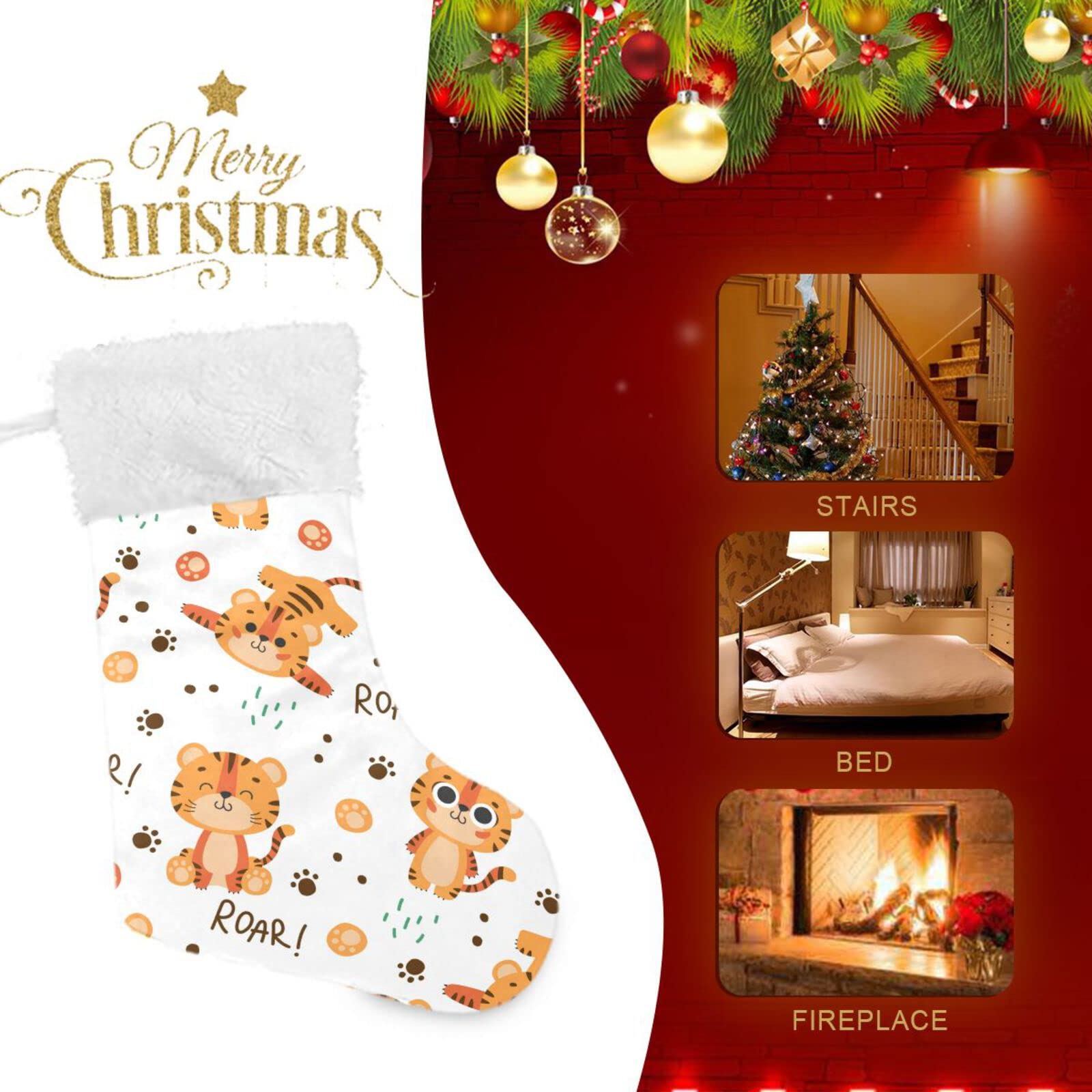 Kigai 1PCS Christmas Stockings - 18 Inch Large Cute Tiger Xmas Stocking for Fireplace Decorations, Holiday Party & Family Gift Exchange | Perfect for Christmas Tree, Mantel Decor and Festive Home Decor