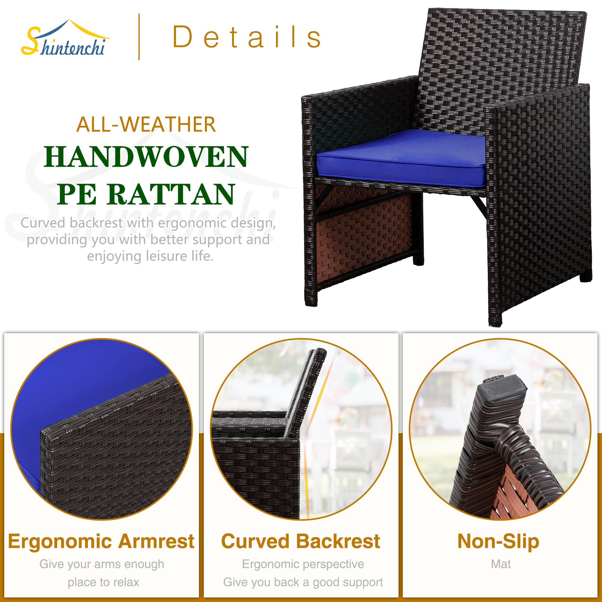Shintenchi Outdoor Wicker Patio Conversation Set with Detachable Chairs & Table - 2 Removable Cushions, Rattan Wicker Loveseat for Patio, Garden, Backyard, Courtyard - Perfect for Relaxing, Entertaining & Outdoor Lounging (Deep Blue)