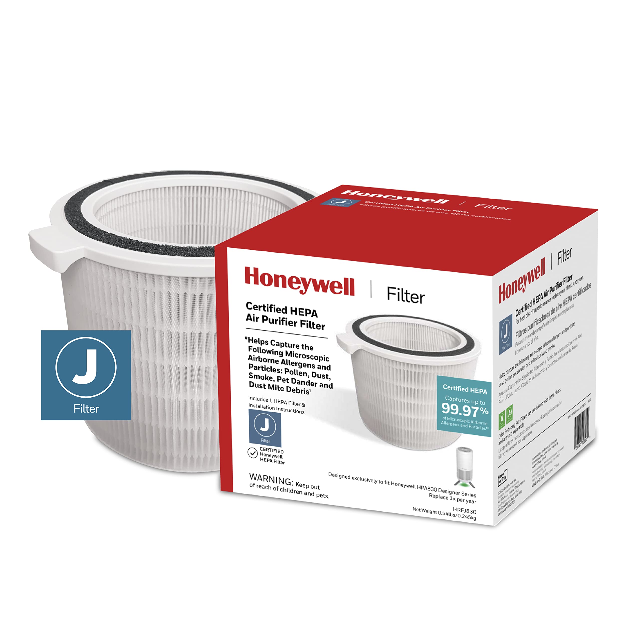 Honeywell HEPA Air Purifier Filter HRFJ830 - Replacement Air Filter for Honeywell HP1830 Air Purifiers | Captures Allergens, Wildfire Smoke, Dust, Pet Dander & Pollen | 1-Pack | Perfect for Allergy Sufferers & Smoke Removal in Homes & Offices