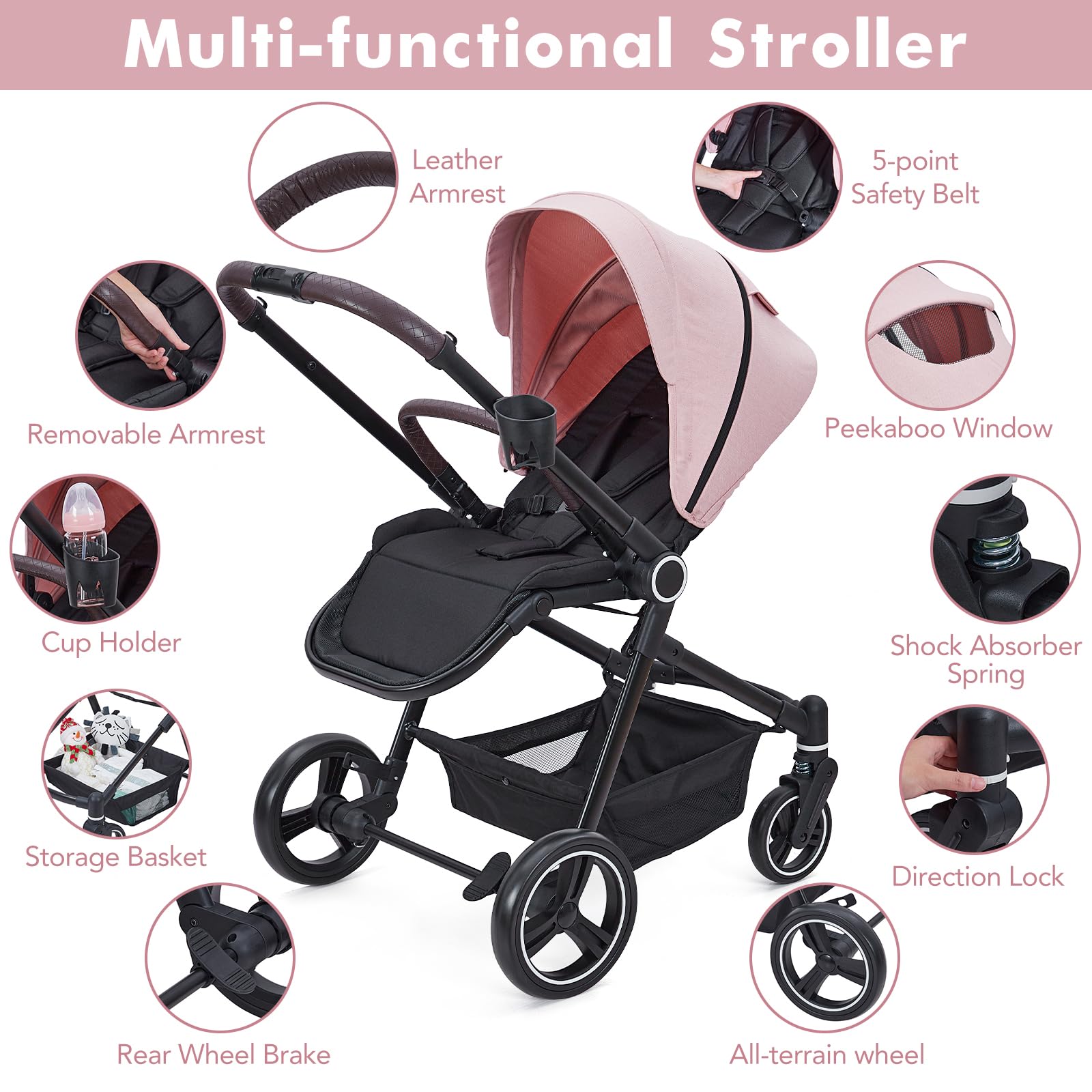 Foldable Pink Baby Stroller - Lightweight Travel Stroller for Newborn to Toddler, Convertible Infant Pram with Reversible Seat, Adjustable Canopy & Footrest, Large Storage Basket & Cup Holder | Perfect for Shopping, Travel, Walks in Park & Daily Use with Baby Girls & Boys