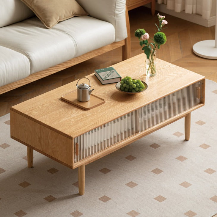 Solid Oak and Beech Wood Coffee Table with Glass Doors - Modern Living Room Furniture for Home Decor and Entertainment