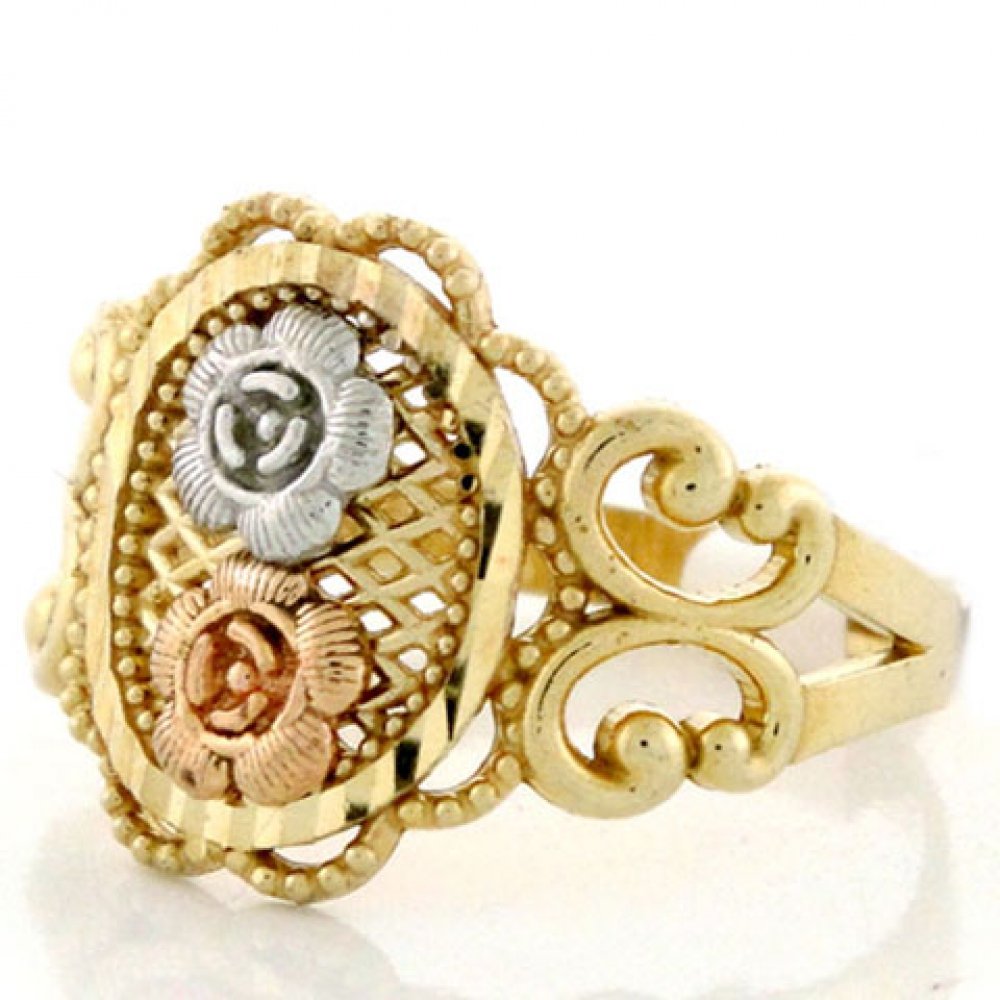 10K Gold Tricolor Flower Rose Diamond Cut Filigree Ring for Women - Vintage Jewelry Wholesale Lot - Perfect for Weddings, Parties & Special Occasions