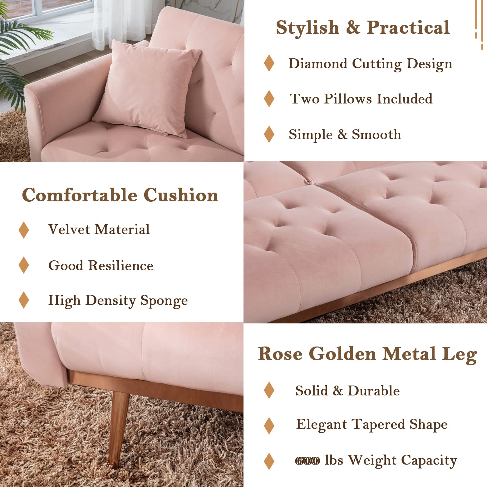 Antetek Velvet Futon Sofa Bed - 3 Adjustable Positions, Small Sleeper Sofa Loveseat with 2 Decorative Pillows, Modern Convertible Couch with 5 Metal Tapered Legs - Pink Velvet Upholstered Furniture for Living Room, Guest Room & Small Spaces