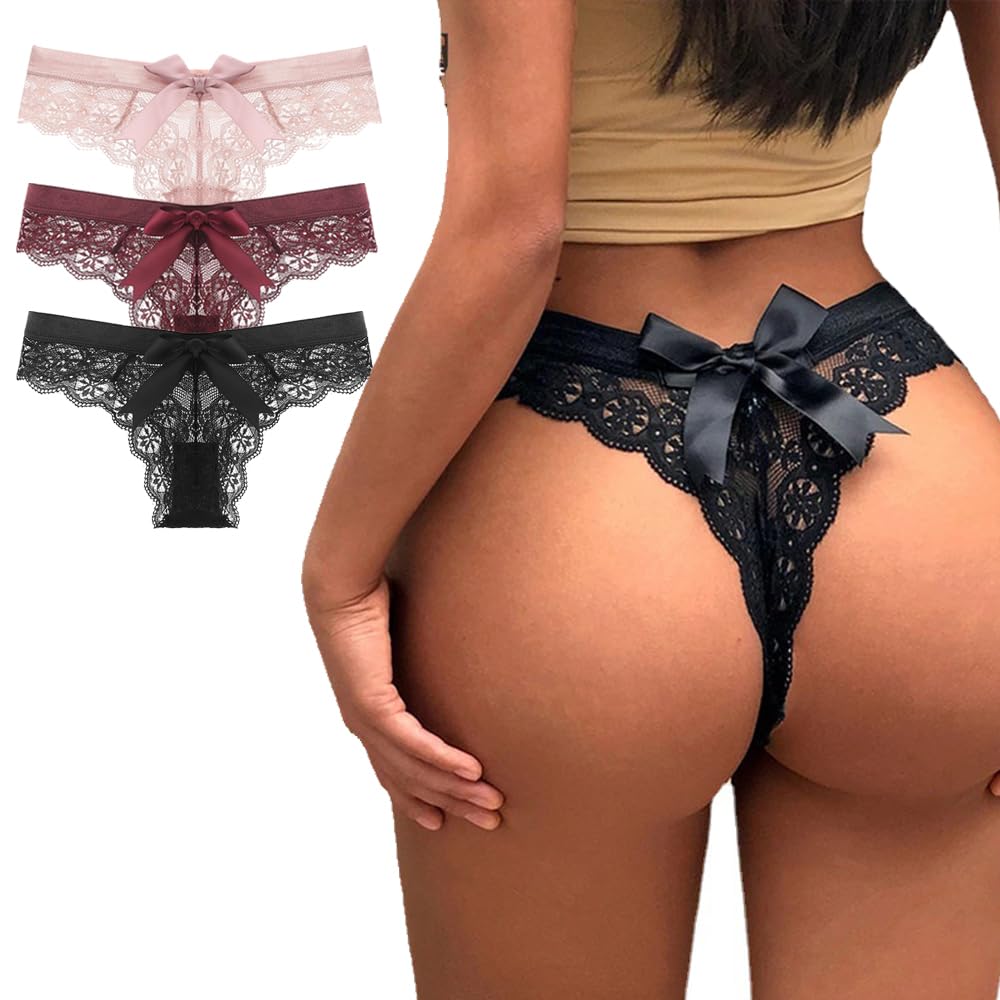 Sexy Women's Lace Thong Panties 3-Pack - T-Back Low Rise V-Shape Design with Floral Lace Trim, Breathable Underwear for Daily Wear & Special Occasions