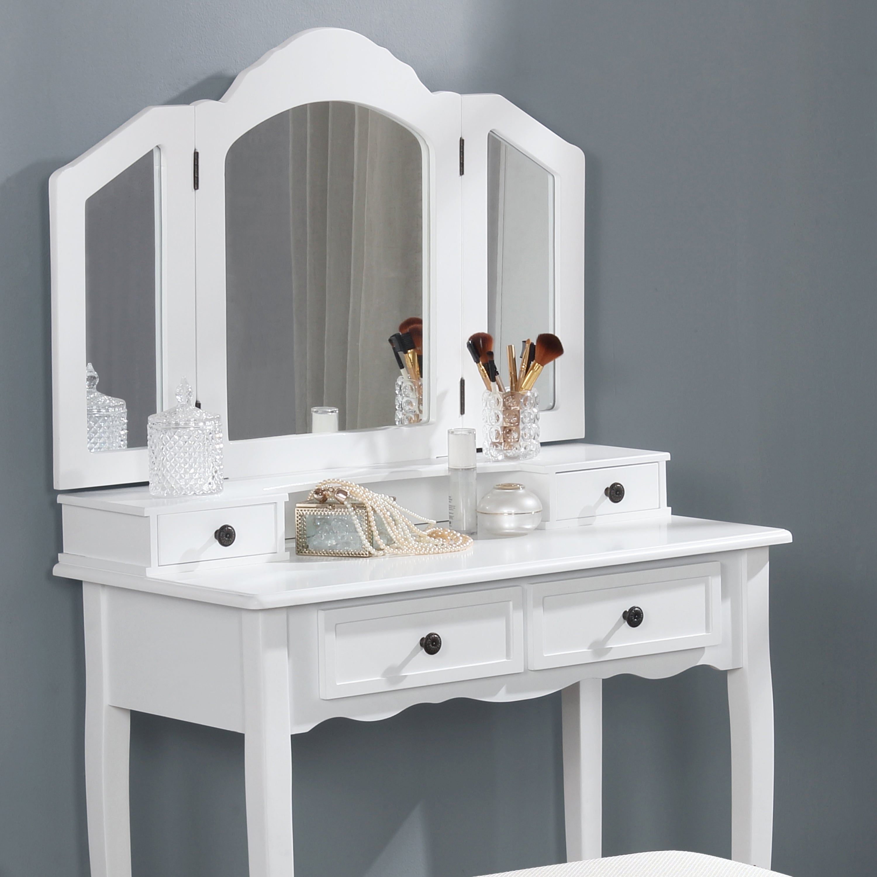 Roundhill Furniture Sanlo Wooden Vanity Makeup Table and Stool Set with Mirror - Elegant Dressing Table for Bedroom, Bathroom & Beauty Salon