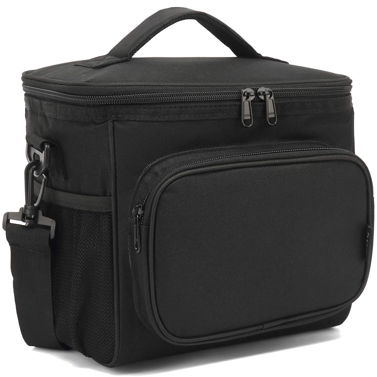 FlowFly Insulated Reusable Lunch Bag for Adults - Large Lunch Box with Adjustable Shoulder Strap, Front Zipper Pocket & Dual Mesh Side Pockets - Perfect for Work, School, Picnics & Outdoor Activities (Black)