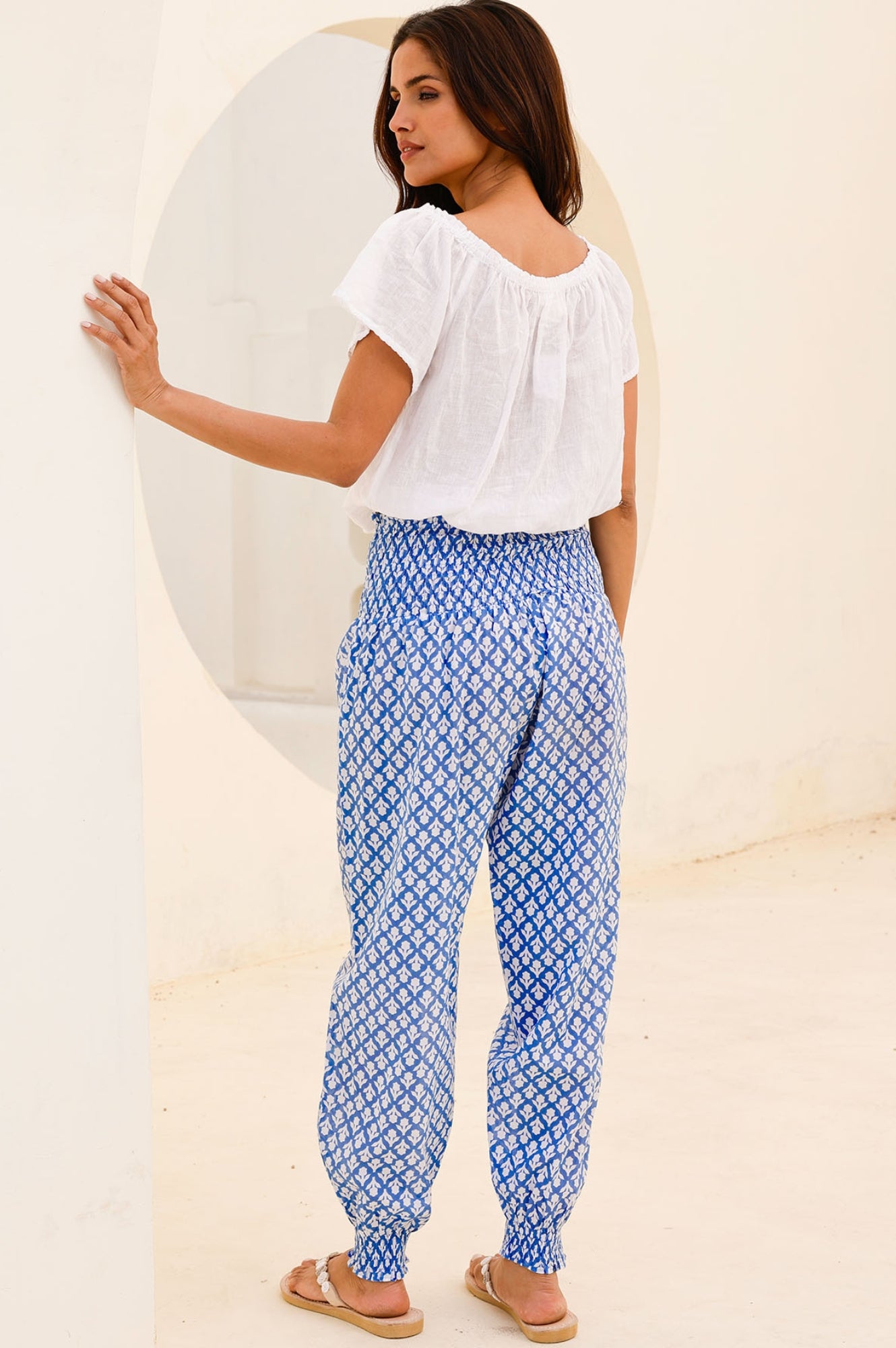 Organic Cotton Harem Pants with Floral Print - Cornflower & White | Boho Chic Lounge Wear for Yoga, Travel & Casual Outfits