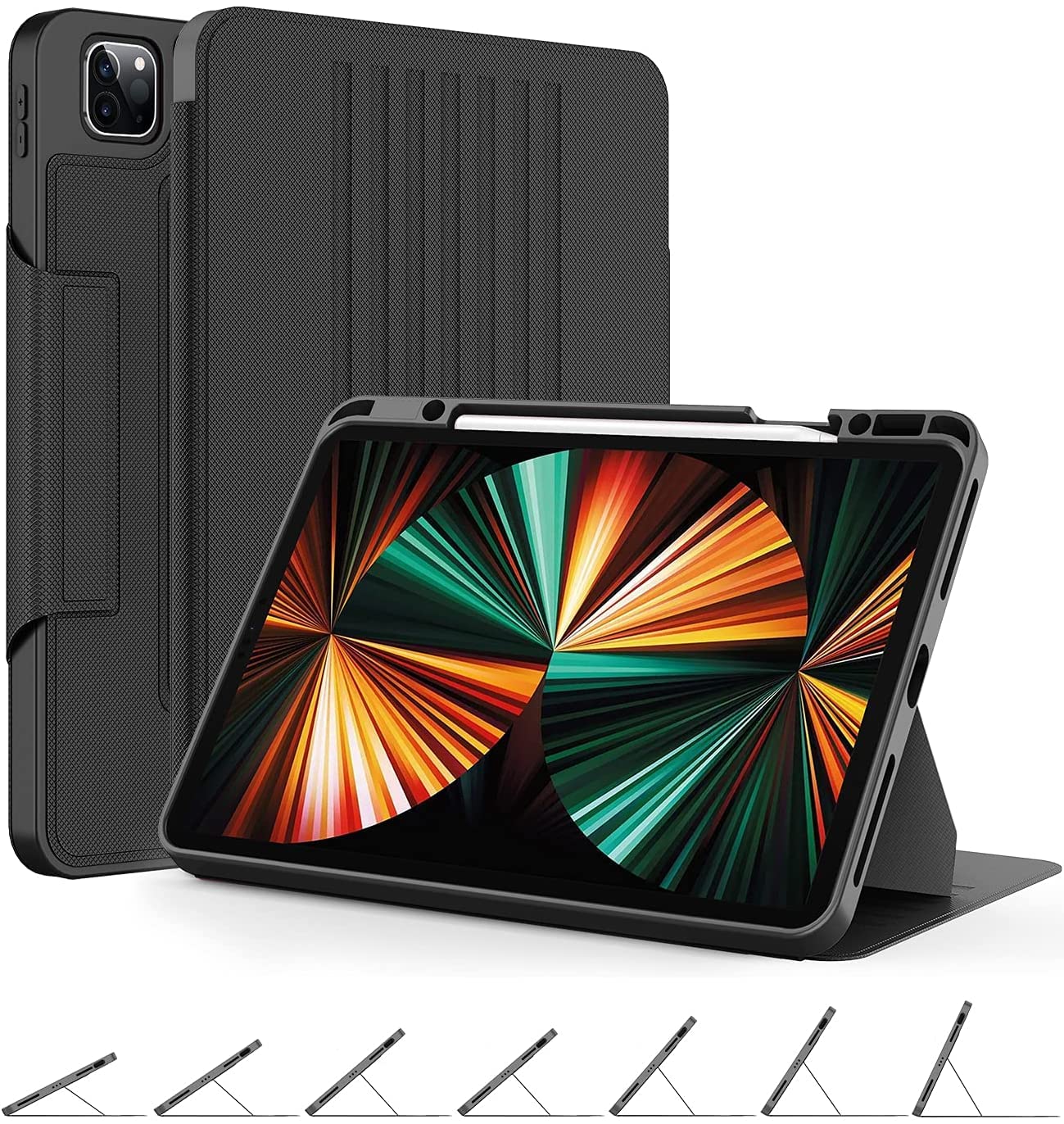 OCYCLONE Magnetic Stand Case for iPad Pro 12.9 Inch (5th Gen 2021) - 7 Adjustable Viewing Angles, 2nd Gen Apple Pencil Holder & Charging, Auto Wake/Sleep, Slim Protective Cover - Black | Perfect for Work, Study & Entertainment