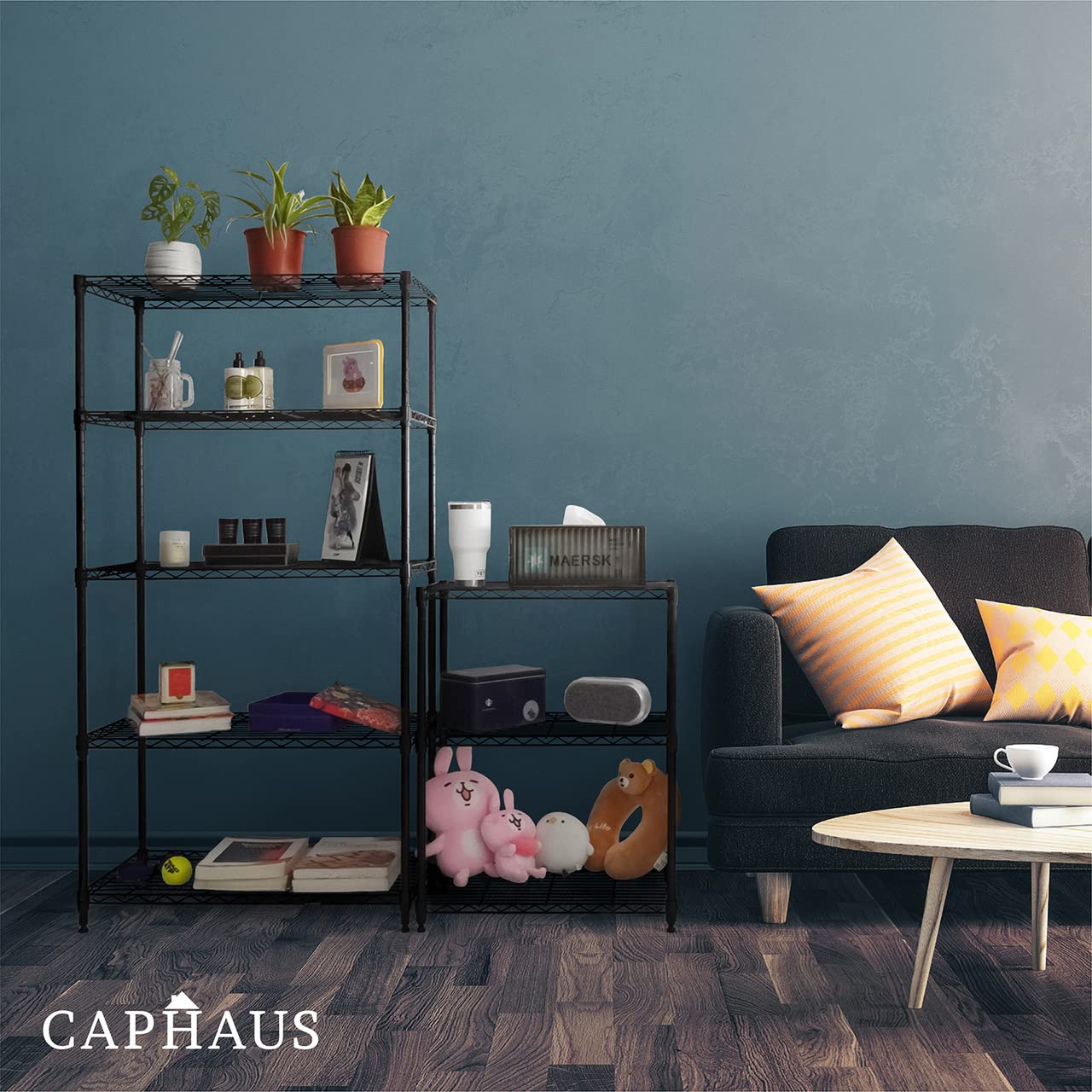 CAPHAUS 4-Tier Adjustable Height Wire Shelving Unit - Heavy Duty Metal Steel Storage Rack for Garage, Kitchen, Pantry & Closet Organization - Black Utility Shelf Without Wheels