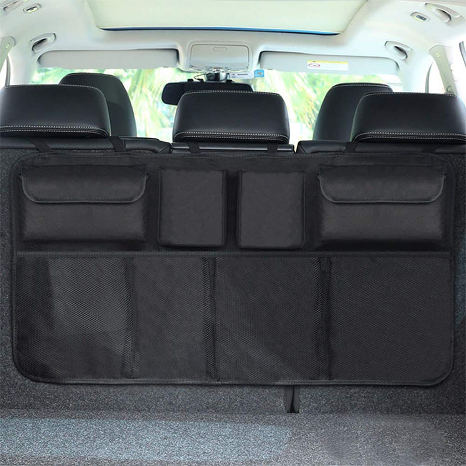 Qurecen Car Trunk Organizer with 8 Large Storage Pockets - Backseat Hanging Organizer for SUV, Truck, Van - Space Saving Car Accessories for Road Trips, Camping & Family Travel