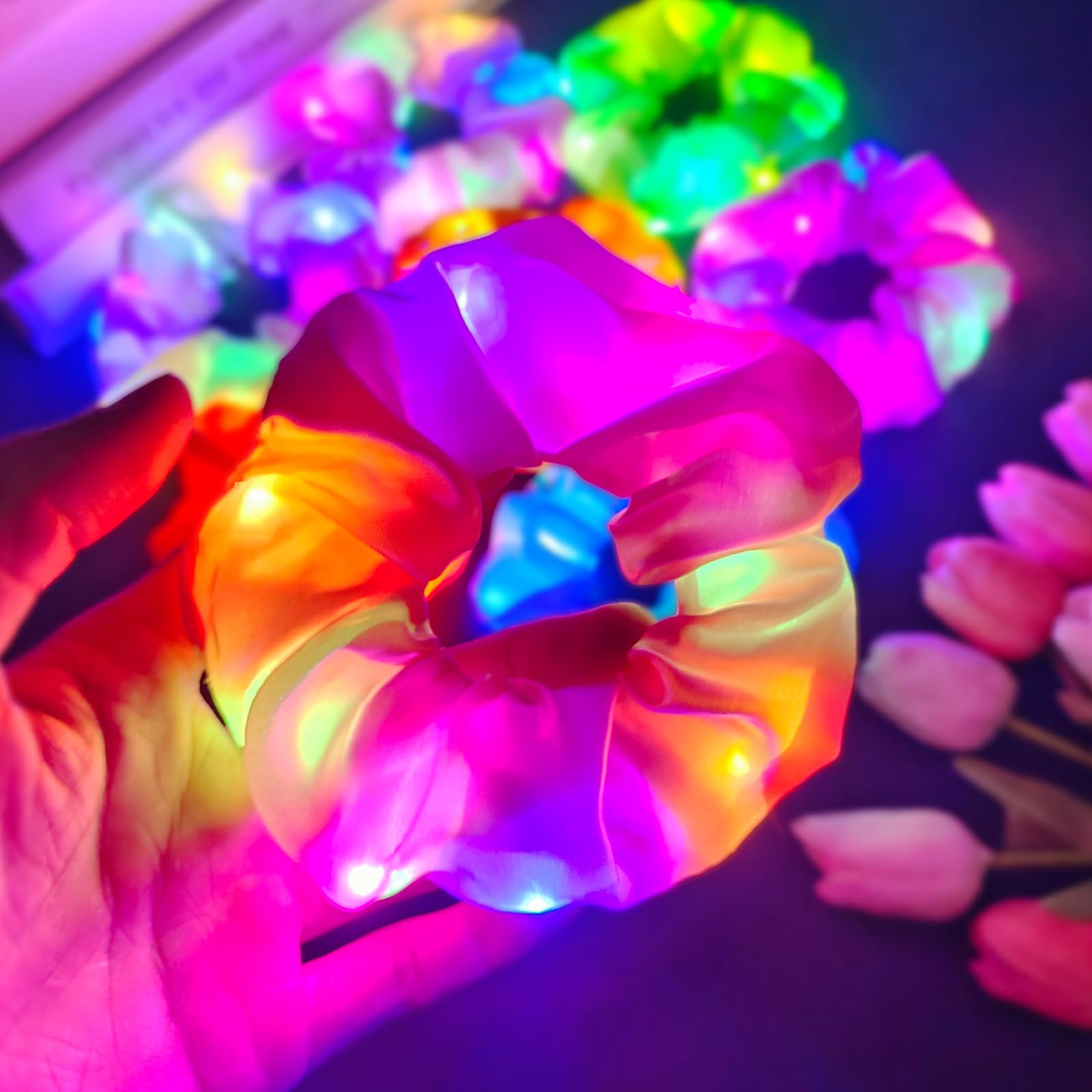 8PCS LED Light Up Scrunchies for Girls - Glow in the Dark Hair Accessories with 3 Lighting Modes, Satin Hair Bands for Birthday Parties, Rave, Festivals & Sleepovers - Perfect for Nighttime Events, Concerts and Glow Parties
