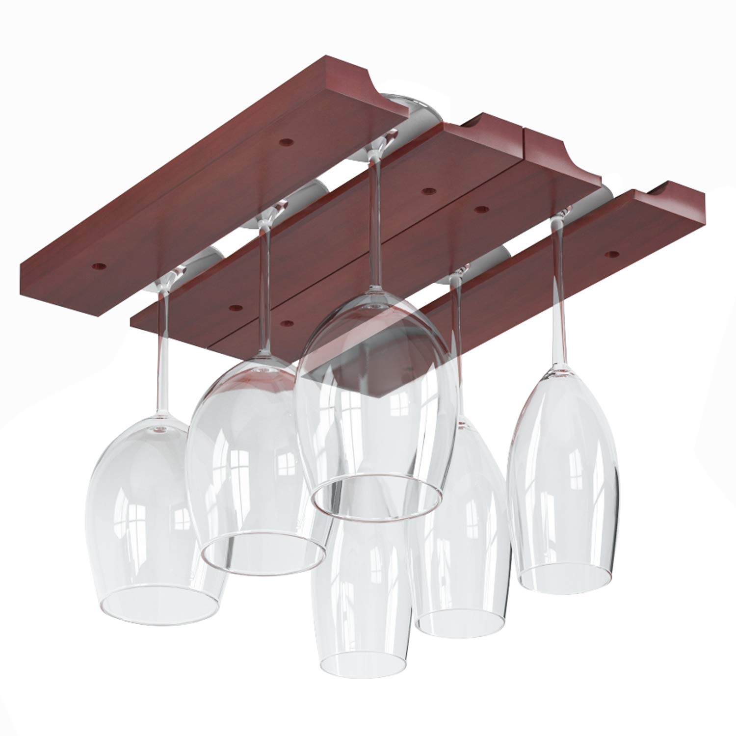 Rustic Vigo 2-Section Adjustable Under Cabinet Wine Glass Rack - 11 Inch Deep Mahogany Wood Stemware Holder with 6 Glass Storage Capacity | Perfect for Kitchen, Bar & Dining Room Organization