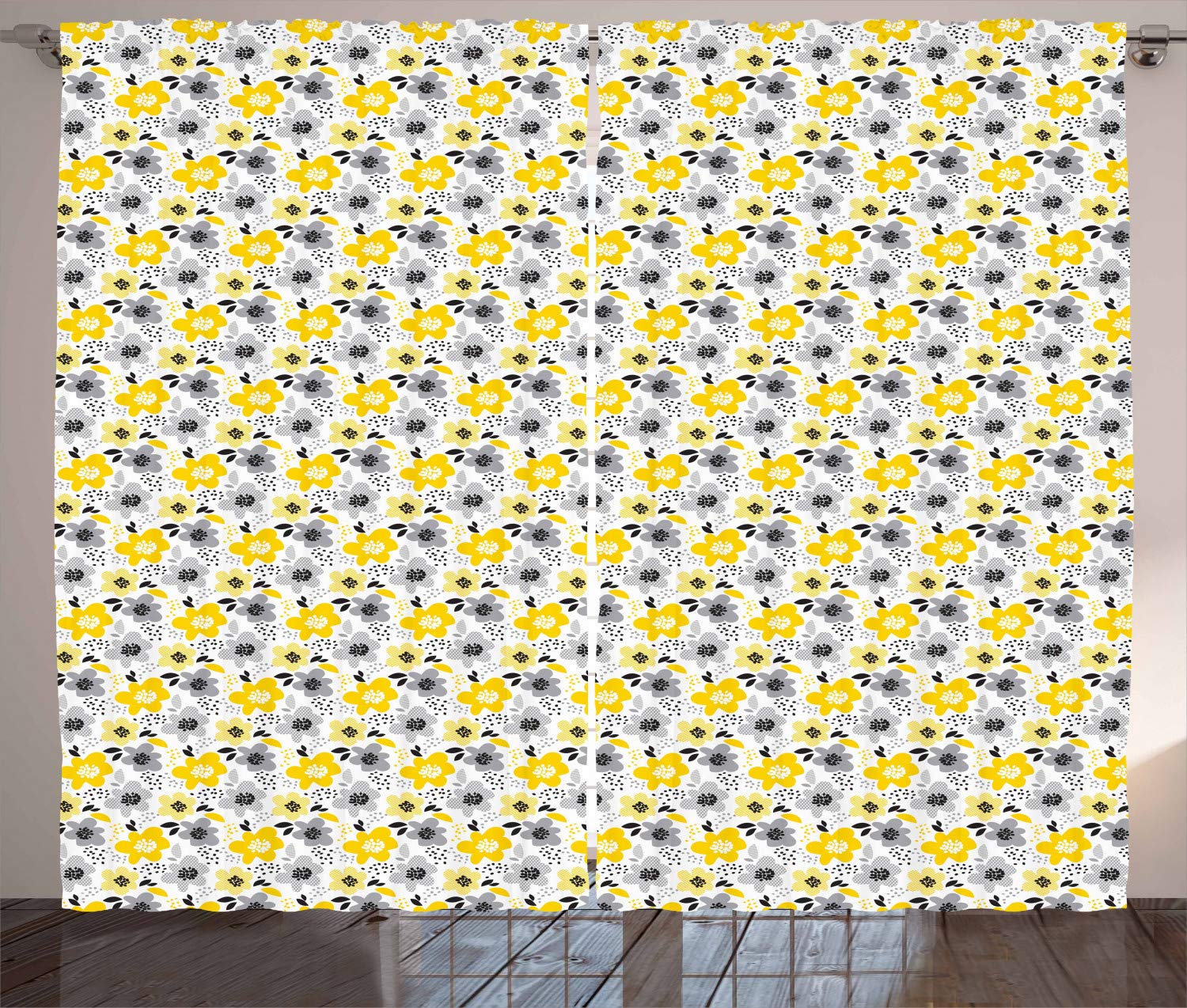 Ambesonne Floral Curtains - Modern Abstract Flower Design with Dots & Stripes Patterns, Grey Black & Yellow Window Drapes for Living Room & Bedroom, 2 Panel Set 108