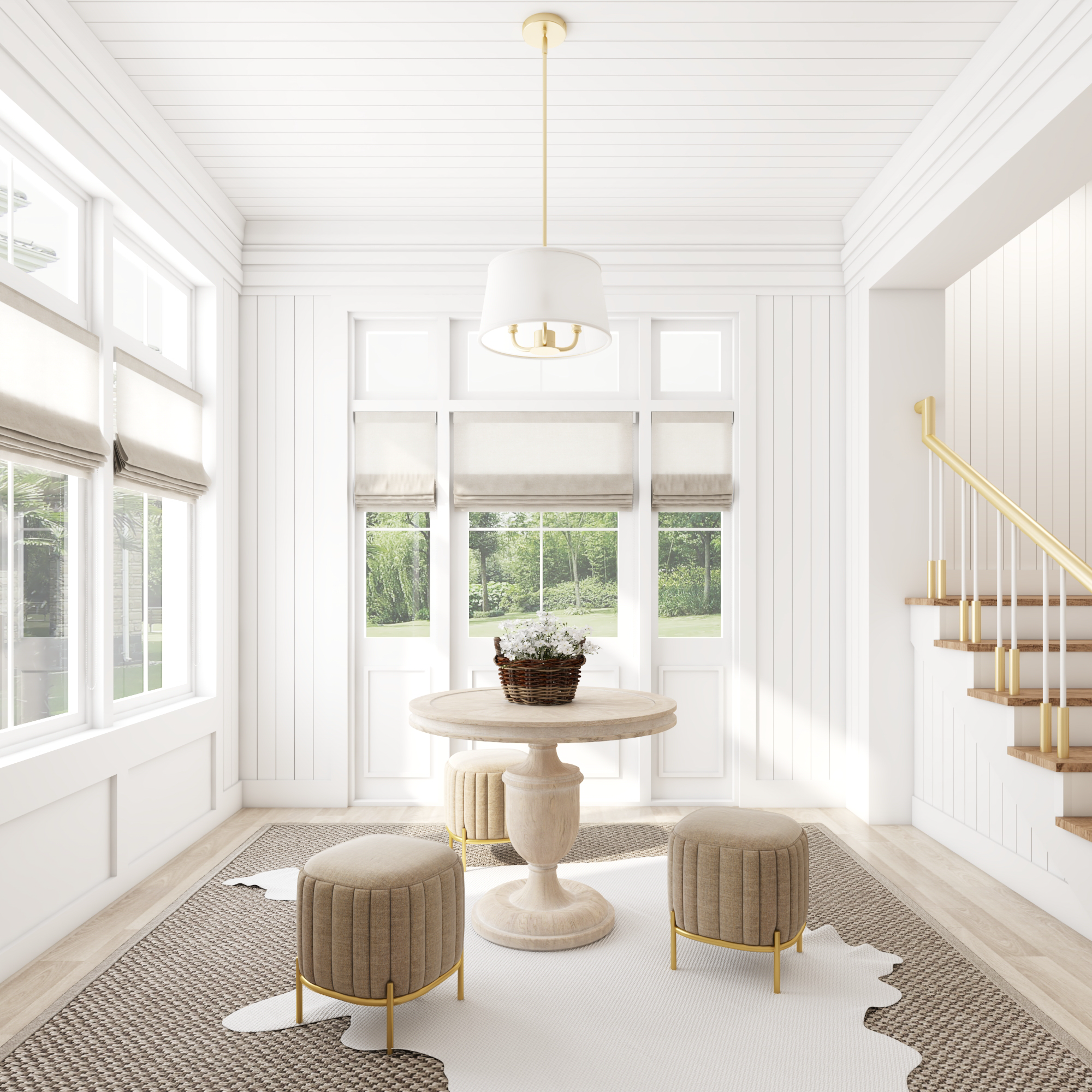 3-Light Billet Convertible Pendant/Semi-Flush Mount Ceiling Light - Brushed Gold Finish with Fabric Shades - Perfect for Dining Room, Kitchen Island, or Bedroom Lighting