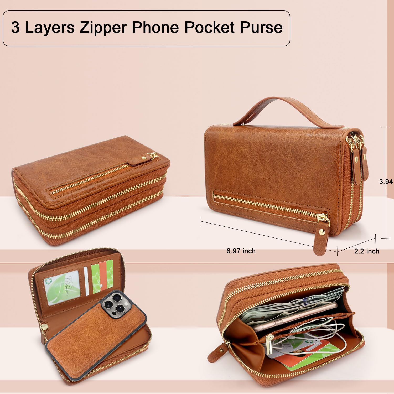 Harryshell iPhone 15 Pro Max Wallet Case (6.7 inch 2023) - Detachable Zipper Purse with Card Slots, Mirror & Crossbody Chain - Brown Leather Phone Cover for Women | Perfect for Travel, Shopping & Everyday Use