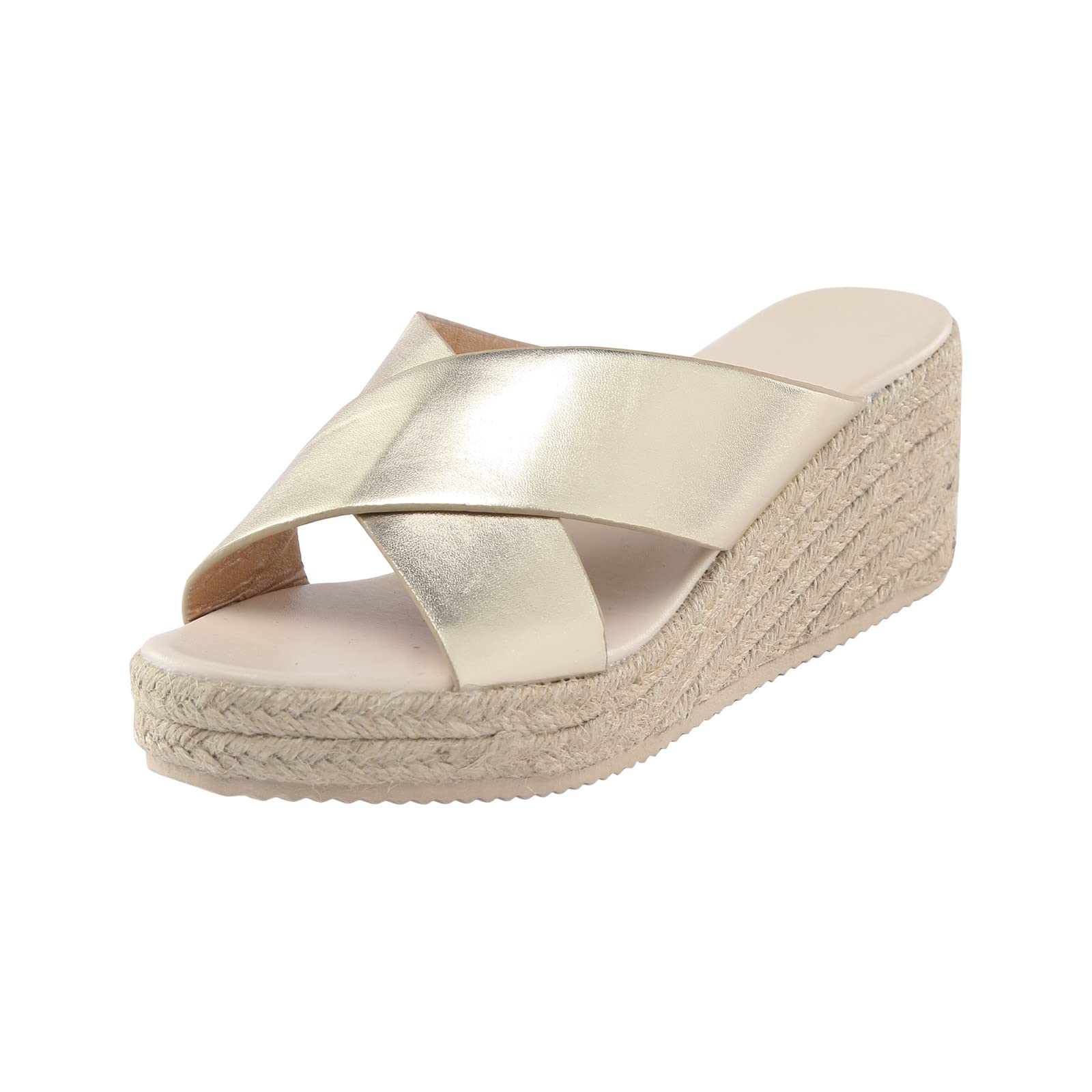 Women's Peep Toe Linen Wedge Sandals with Jewel Accents - Comfortable Slippers for Ladies - Perfect for Summer, Beach, and Casual Outings