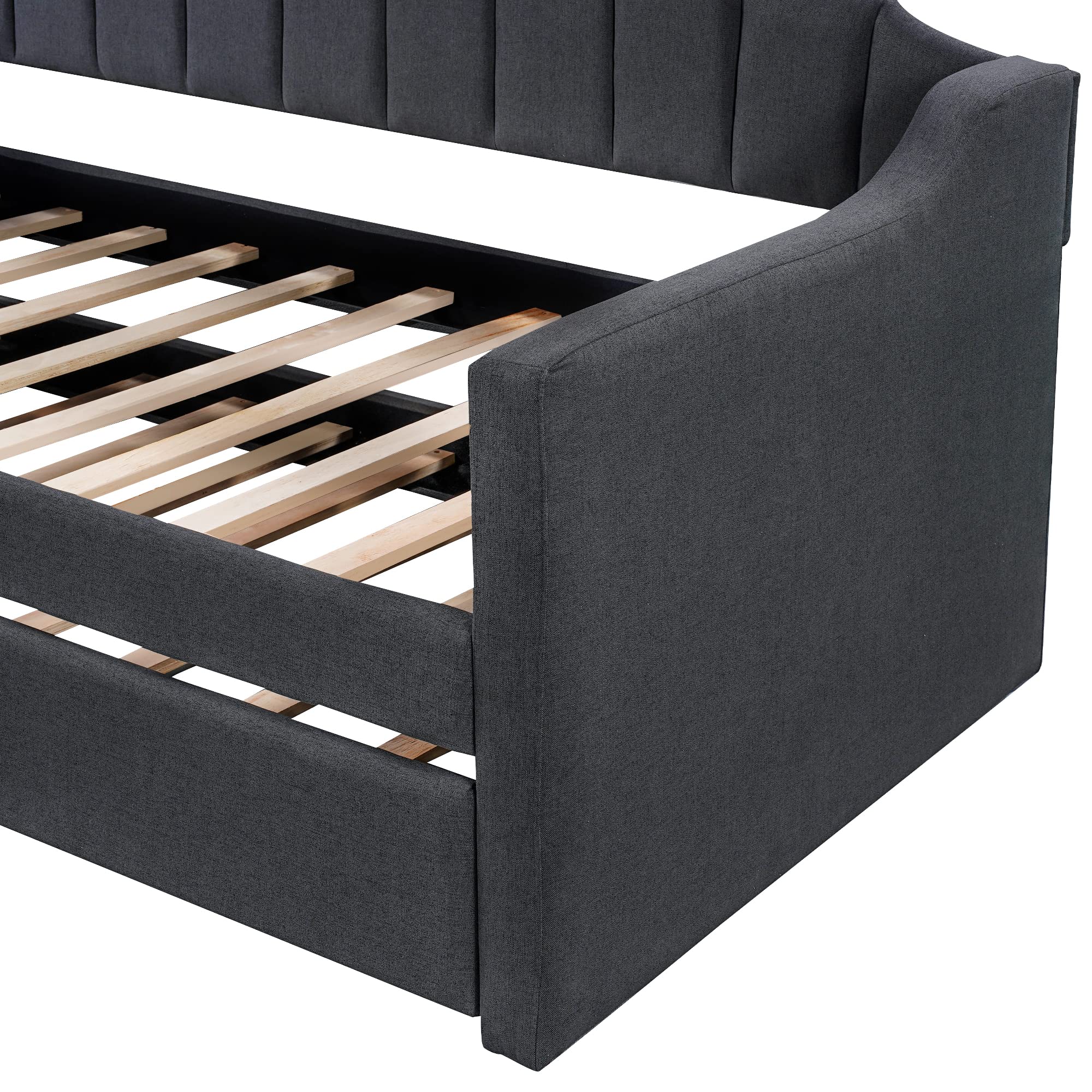 SOFTSEA Twin Daybed with Trundle - Upholstered Sofa Bed with Wood Frame & Swooping Arms, No Box Spring Needed - Perfect for Guest Rooms, Small Spaces & Dorm Rooms (Black)