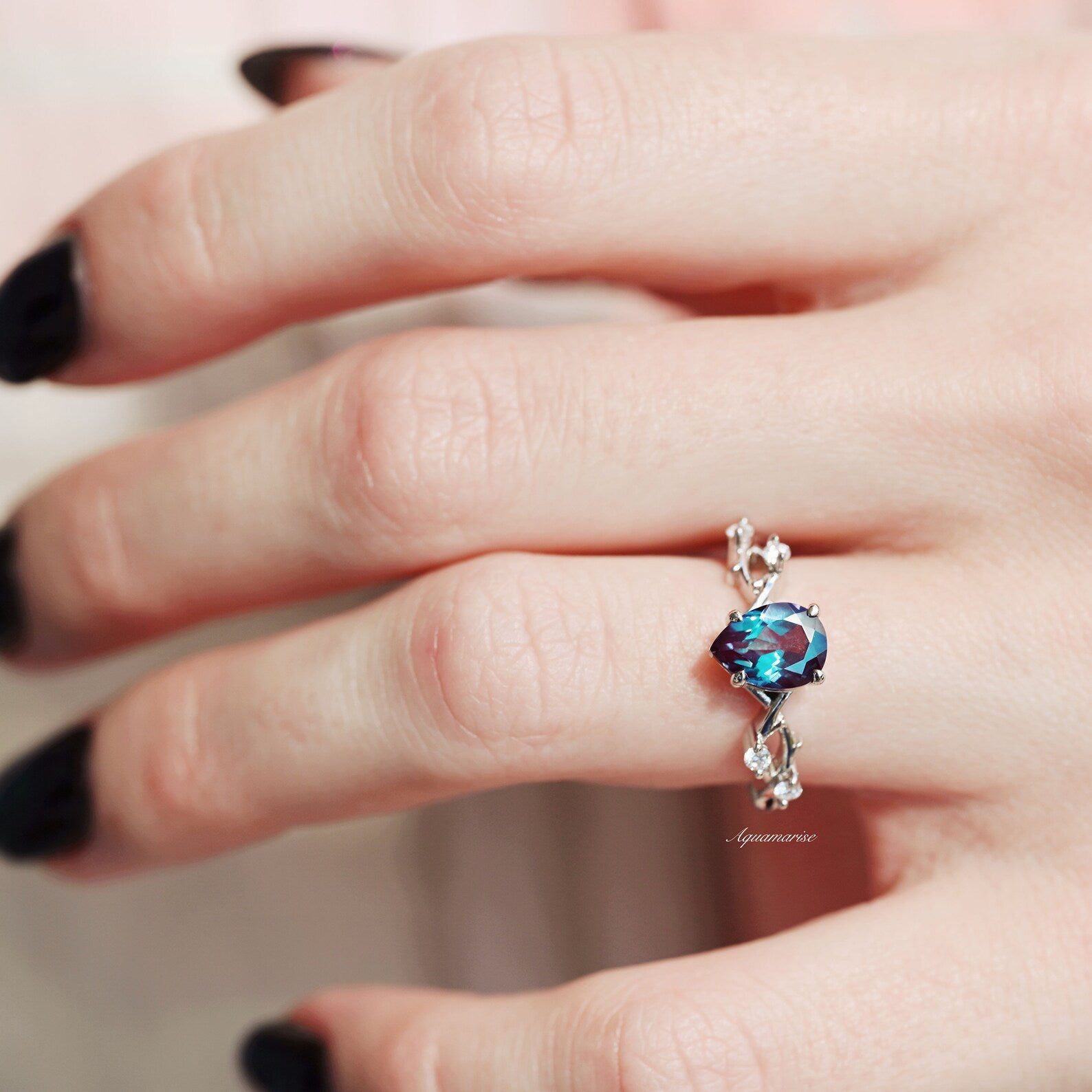 14K White Gold Alexandrite Leaf Ring – Elegant Twisted Vine Design for Women, Perfect for Weddings, Anniversaries & Special Occasions