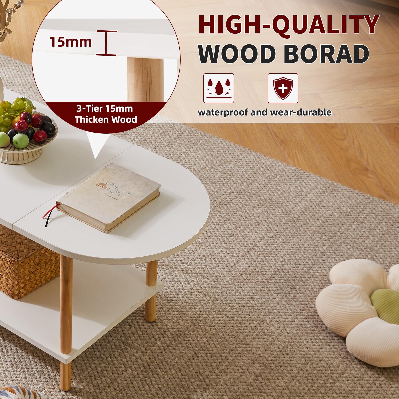 White Oval Coffee Table - Small Wooden 2-Tier Center Table with Splicing Design (35x16x17 Inches) for Living Room, Compact Spaces & Small Apartments - Perfect for Holding Drinks, Books & Decor