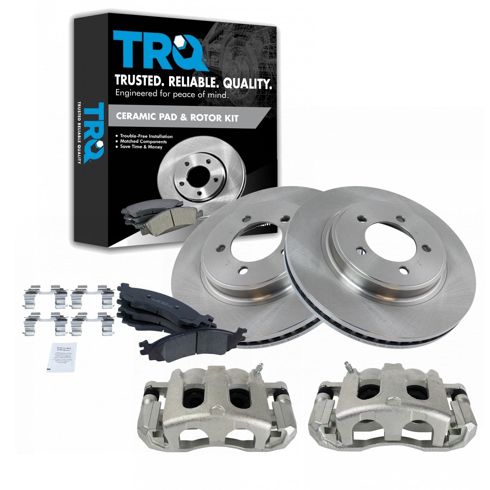 TRQ Front Brake Pad and Rotor Kit - Ceramic Vented Brake Pads & Rotors - Compatible with 2006-2010 Ford Explorer, 2007-2010 Explorer Sport Trac, Mercury Mountaineer - Perfect for Smooth Braking and Enhanced Safety on Highways and Mountain Roads