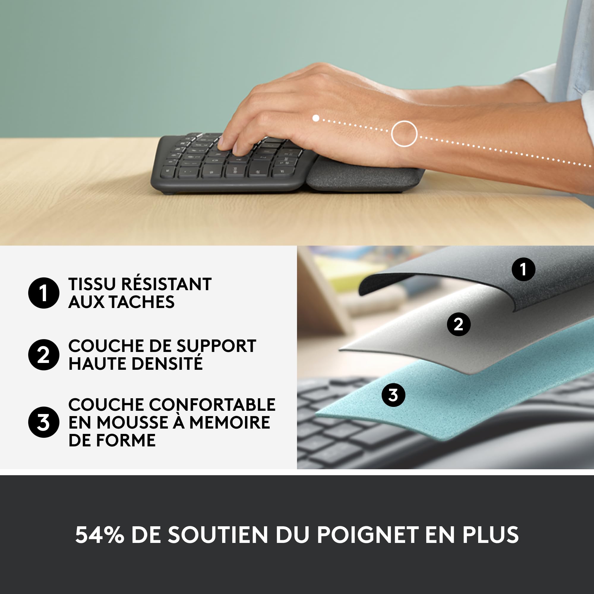 Logitech ERGO K860 Wireless Ergonomic Keyboard with Wrist Rest - Split Design for Natural Typing, Bluetooth & USB Connectivity - PC & Mac Compatible (French AZERTY Layout, Grey) - Ideal for Office Work, Long Typing Sessions & Reducing Wrist Strain