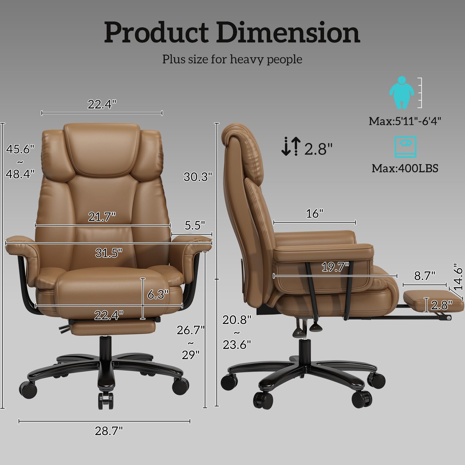 GYI Big and Tall Office Chair 400LBS Capacity - 160° Reclining High Back Executive Chair with Wide Seat, Adjustable Arms & Footrest (Brown) - Perfect for Home Office, Gaming & Workspaces