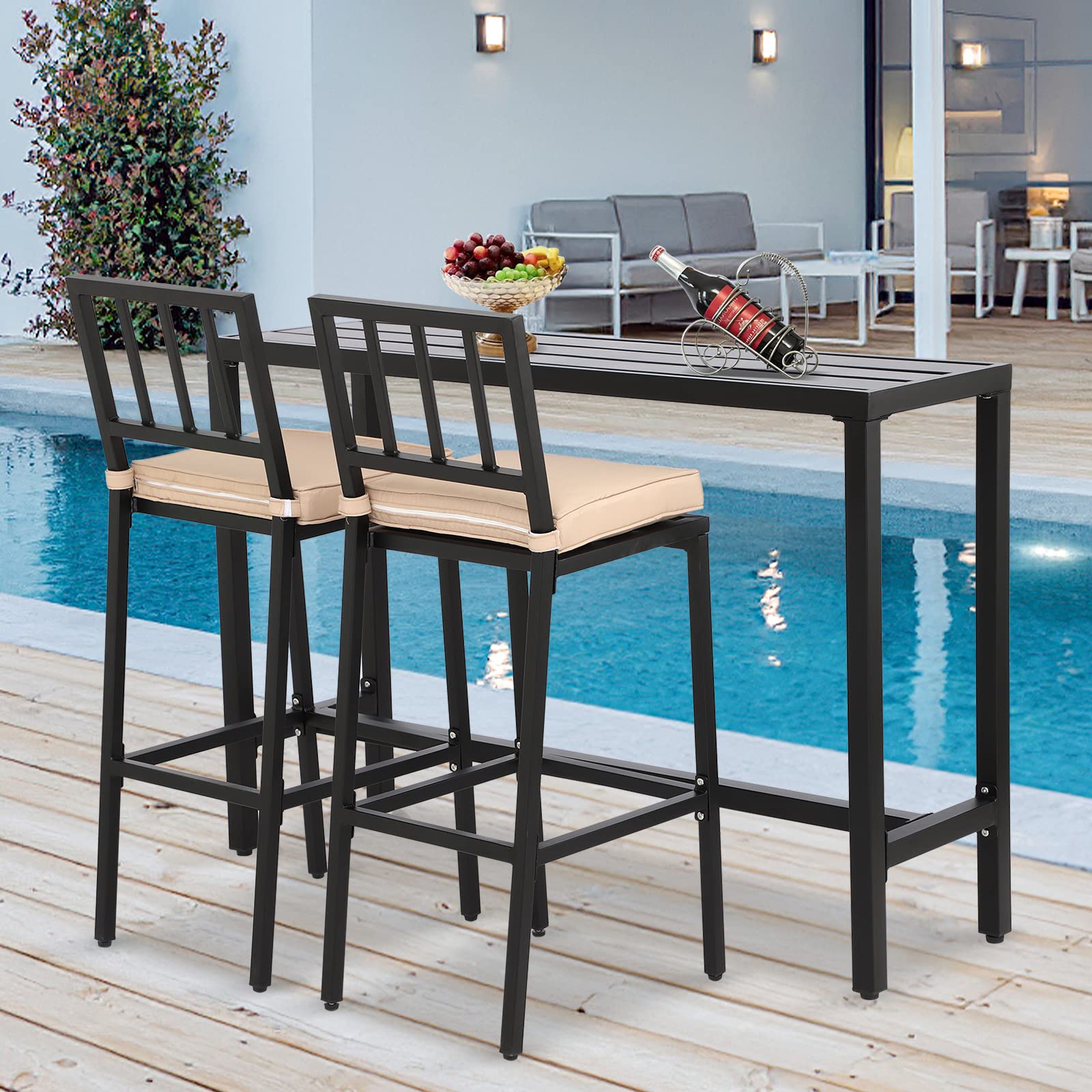 3-Piece Metal Outdoor Bar Set with Table & Stools - Black Patio Bar Furniture for Backyard, Porch, Balcony - Includes 47