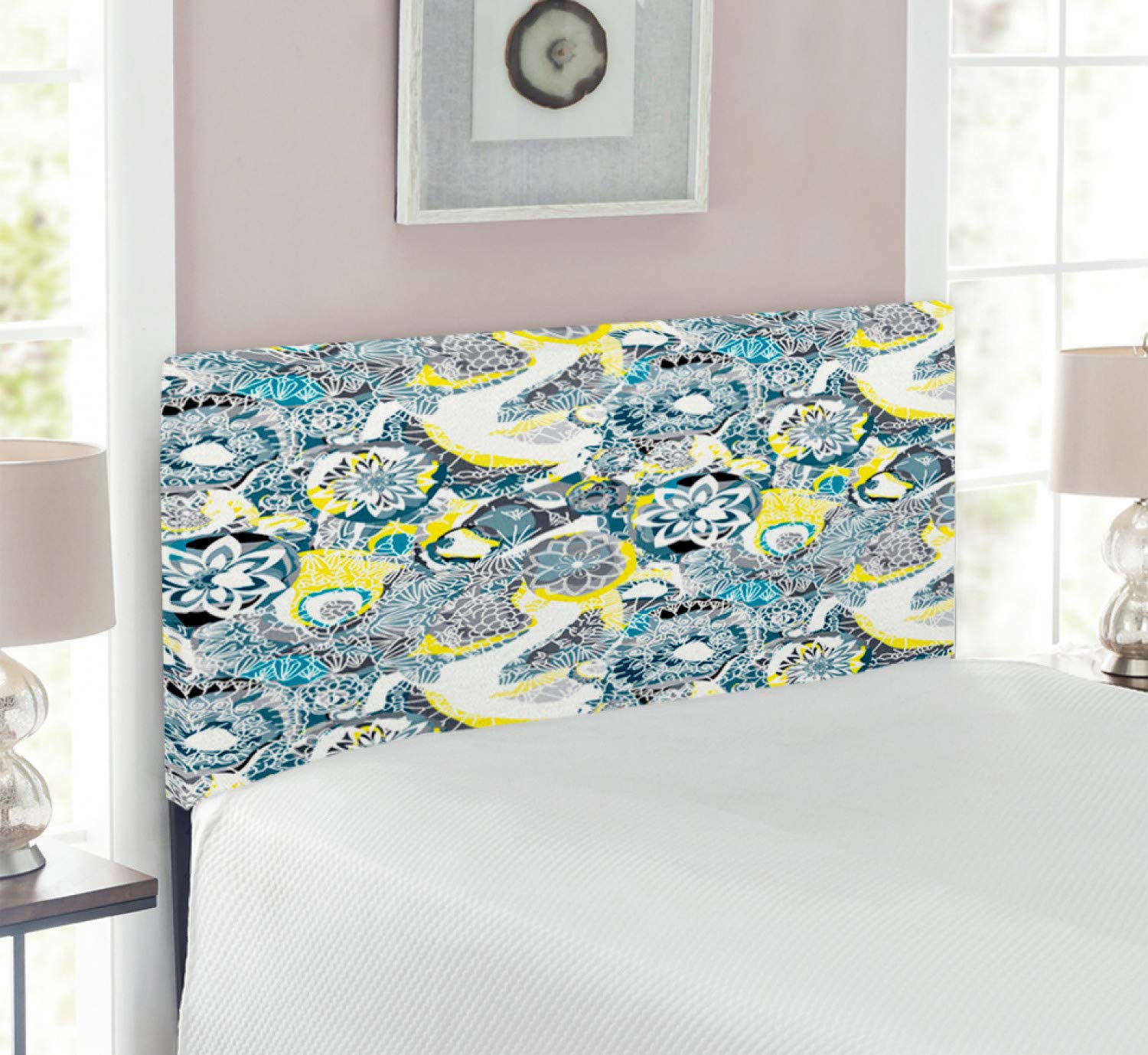 Ambesonne Mandala Upholstered Headboard - Vintage Floral Design with Memory Foam, Twin Size in Yellow & Blue | Perfect for Bohemian & Eclectic Bedroom Decor