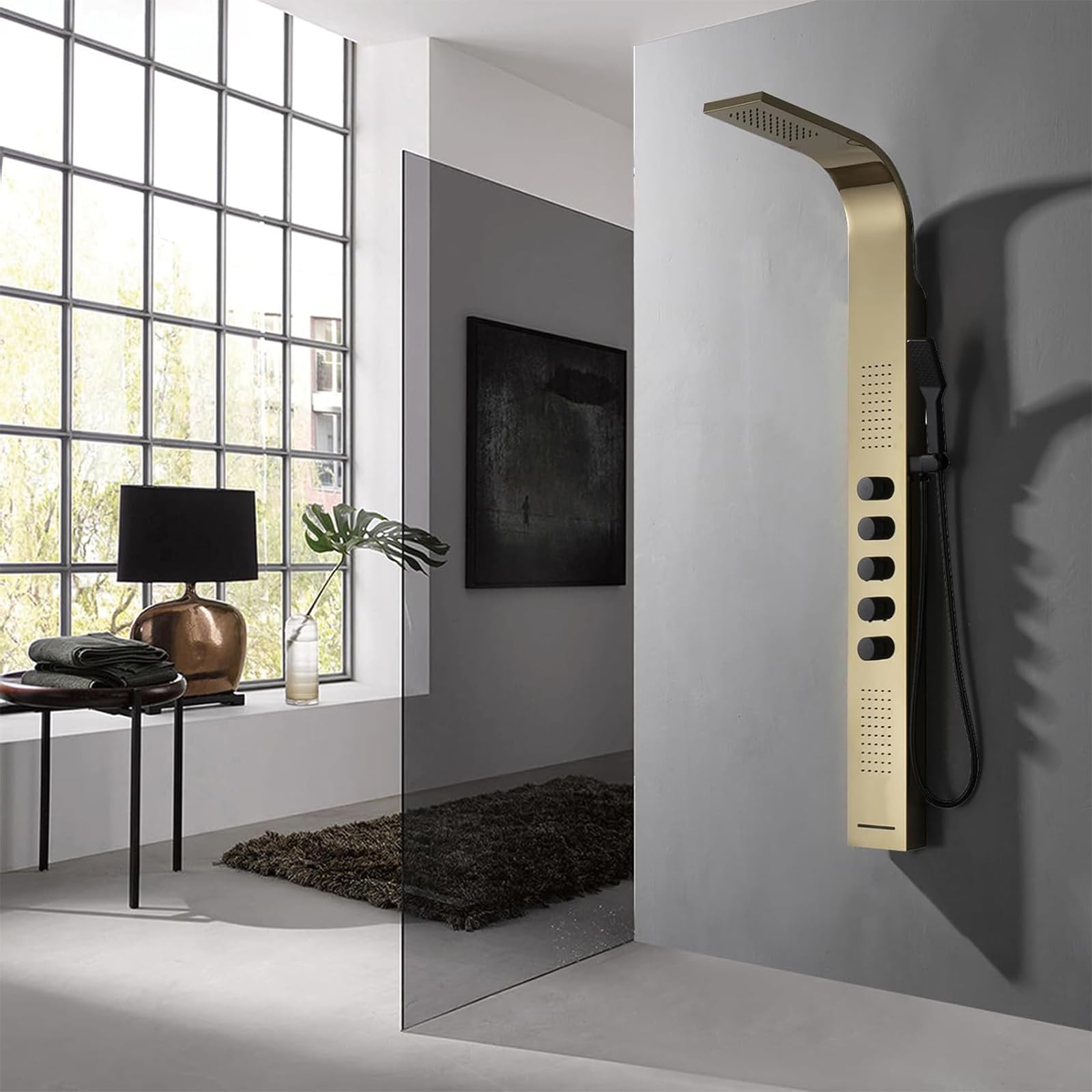 Polished Gold Multifunction Shower Panel System with Rainfall Showerhead & Handheld Shower - Stainless Steel Wall Mounted Bath Panel for Luxurious Spa Experience at Home