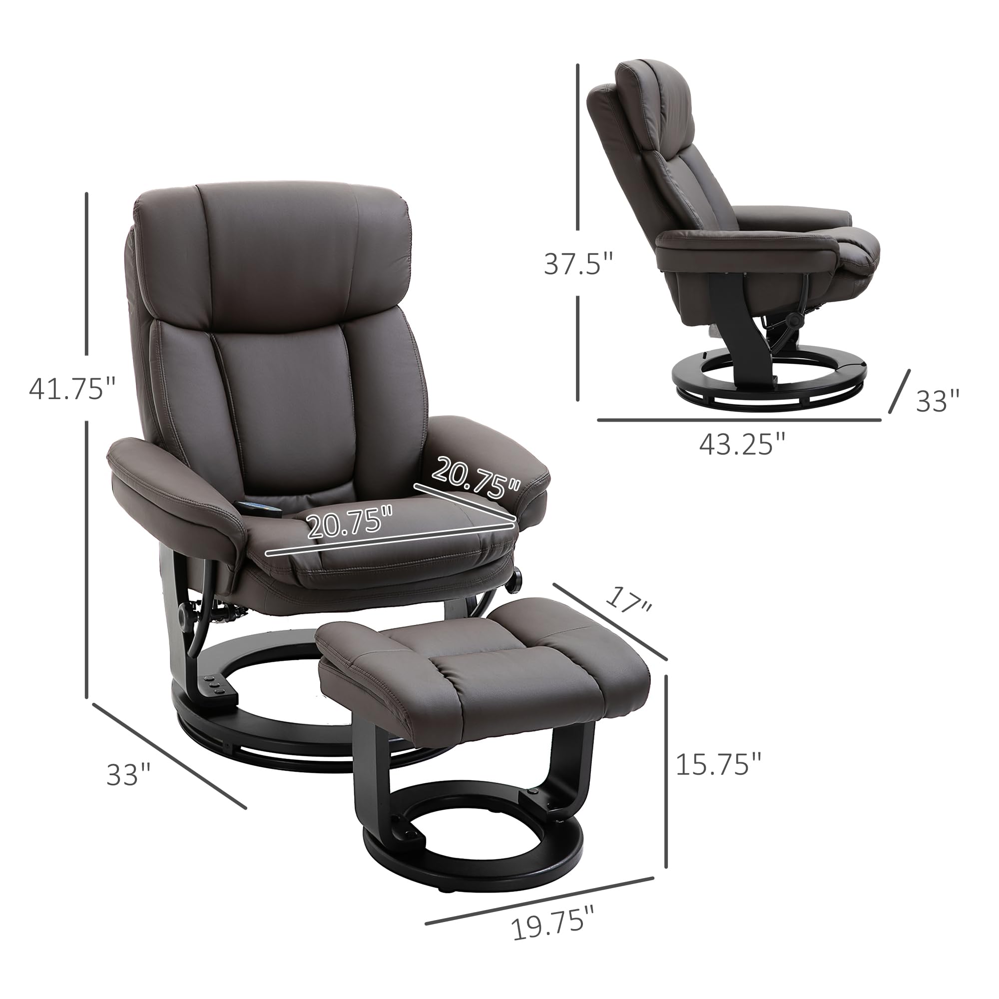 Premium HOMCOM PU Leather Massage Recliner Chair with Ottoman - 10-Point Vibration, 360° Swivel & Adjustable Armchair in Brown | Perfect for Living Room, Home Theater & Relaxation