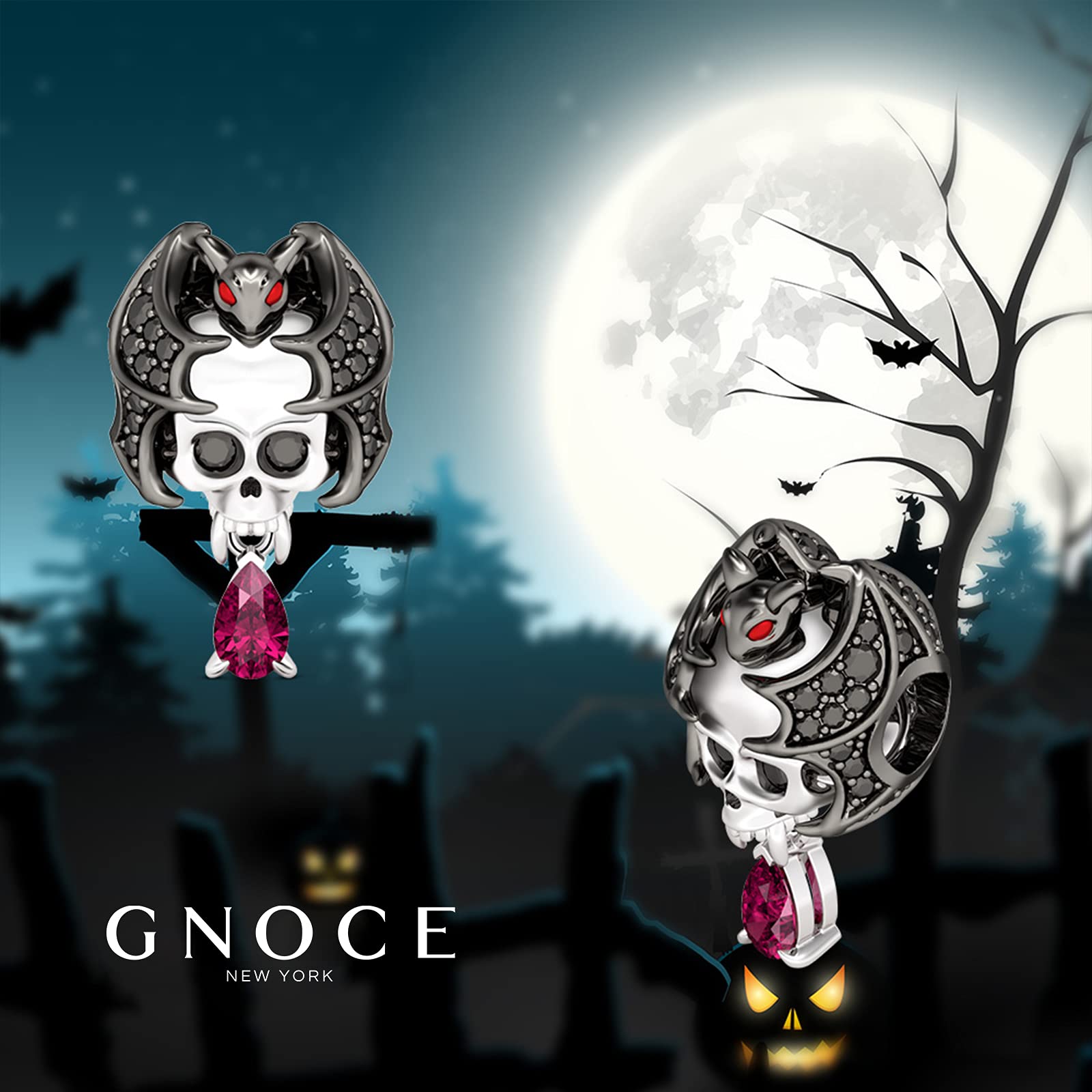 GNOCE Skull Charms - Glowing Bat Skull Pendant with Black Cubic Zirconia & 925 Sterling Silver - Handmade Gothic Jewelry for Bracelets & Necklaces - Perfect for Halloween, Gothic Fashion, and Alternative Style Accessories