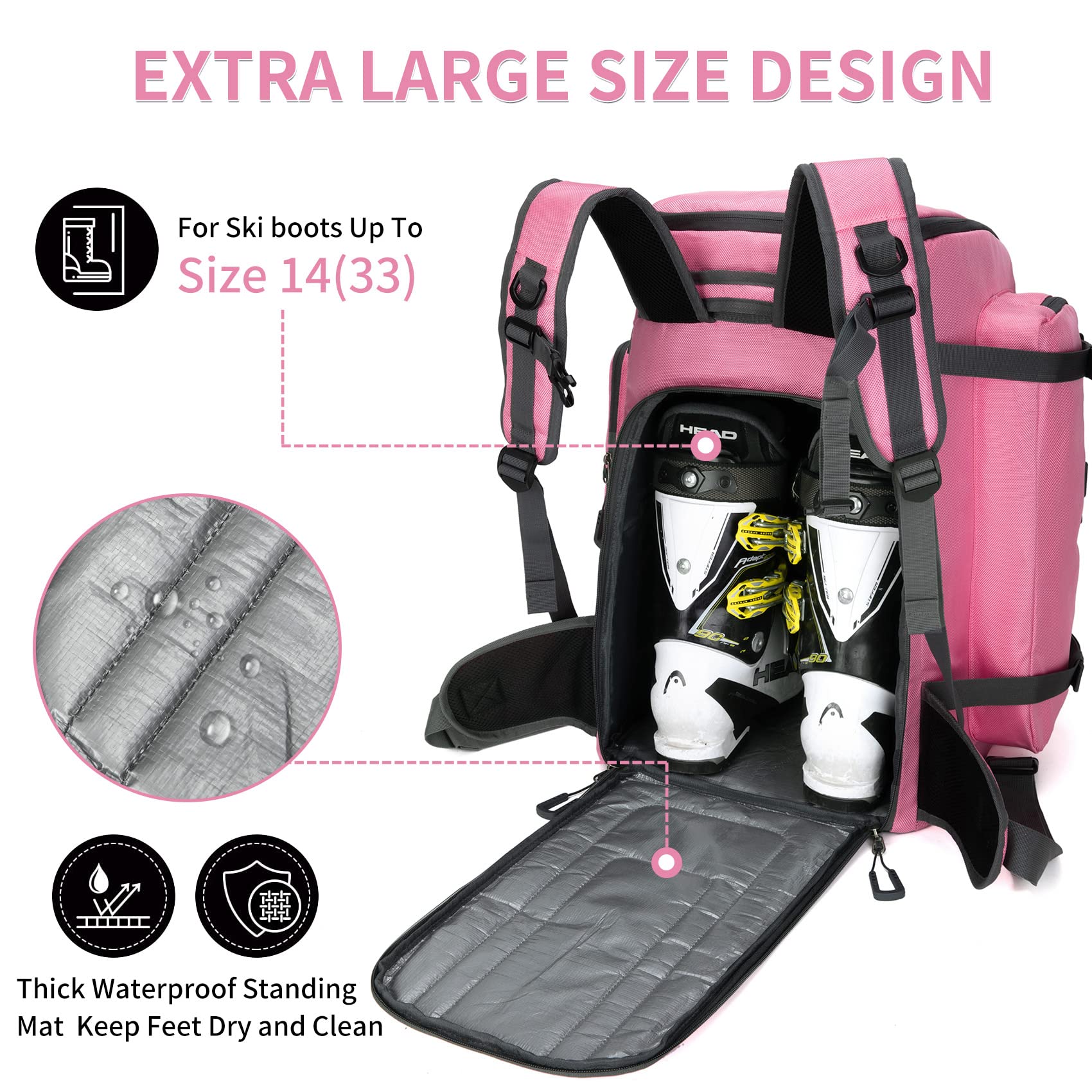 65L Waterproof Ski Boot Bag - 1680D Nylon Padded Duffle Backpack for Men, Women & Kids - Perfect for Ski Trips, Air Travel & Snowboarding Gear Storage
