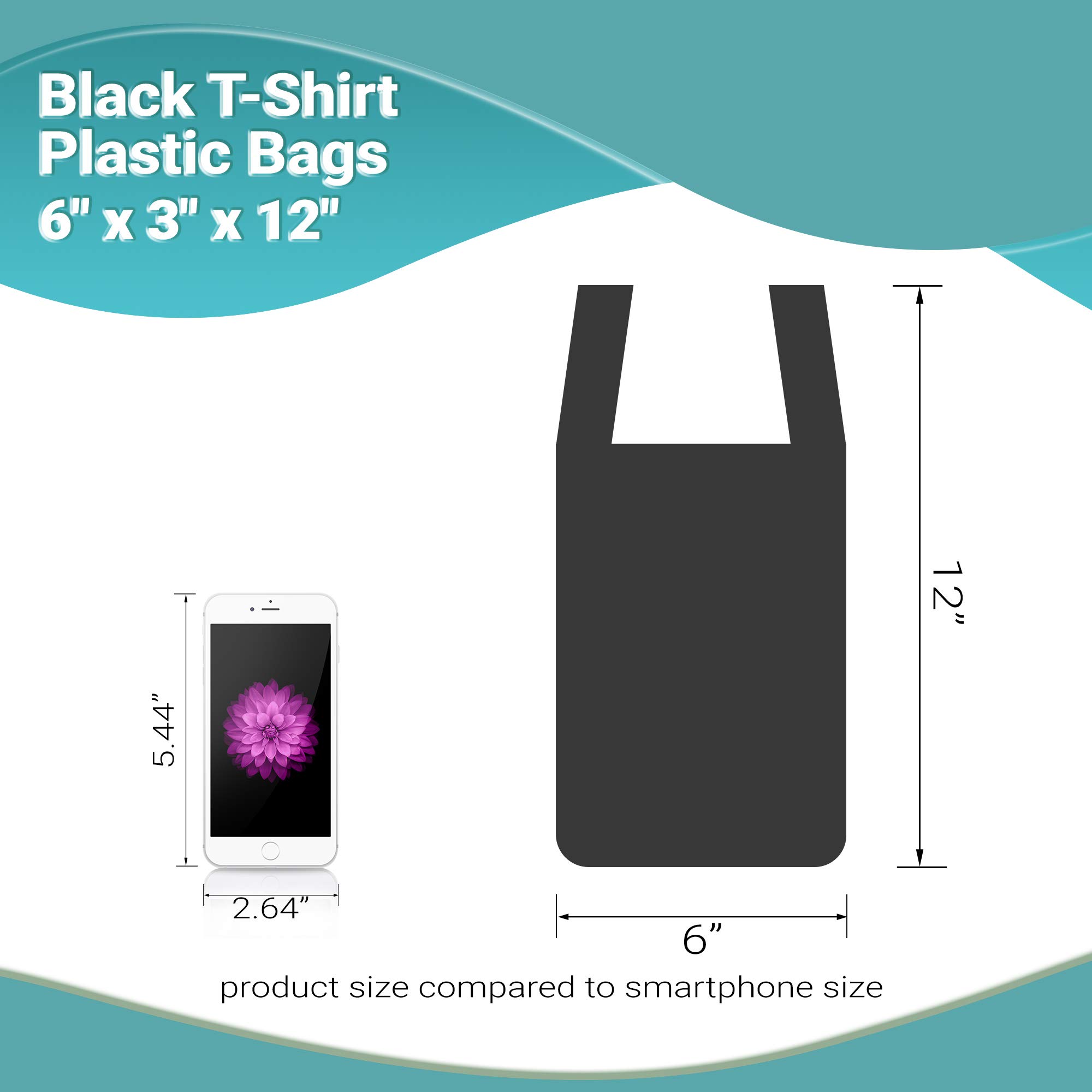 APQ 2000 Pack Black Plastic Bags 6x3x12 Inches - 0.65 Mil Thickness Unprinted T-Shirt Shopping Bags with Handles | Durable Polyethylene Carry-Out Bags for Retail Stores, Groceries, Clothing Boutiques & Party Favors