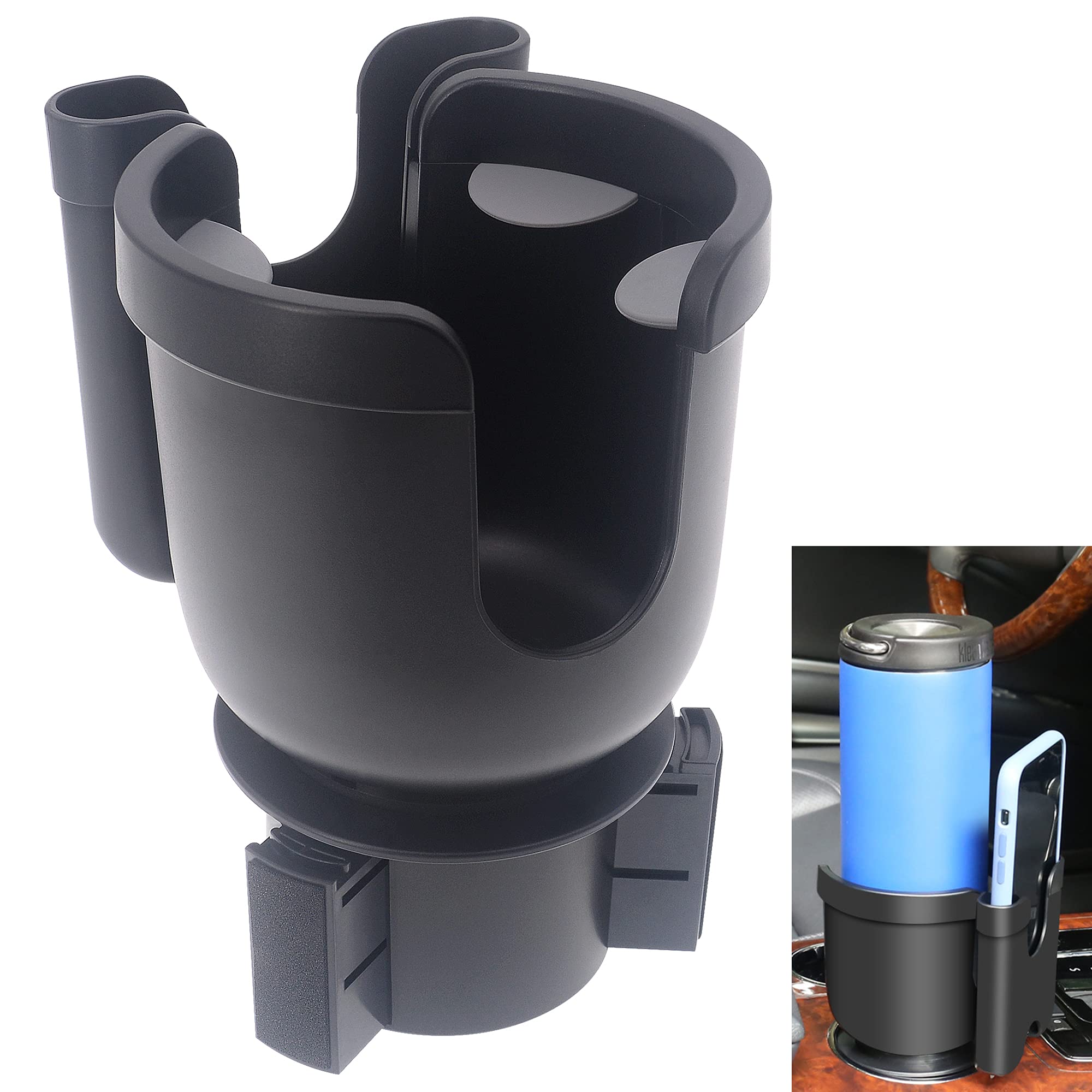 2 in 1 Car Cup Holder Expander & Phone Holder - Adjustable Base & Non-Slip Coaster for 17oz-18oz Coffee Mugs, Soda Cans, Water Bottles - Perfect for Road Trips, Commuting & Drive-Thru Beverages
