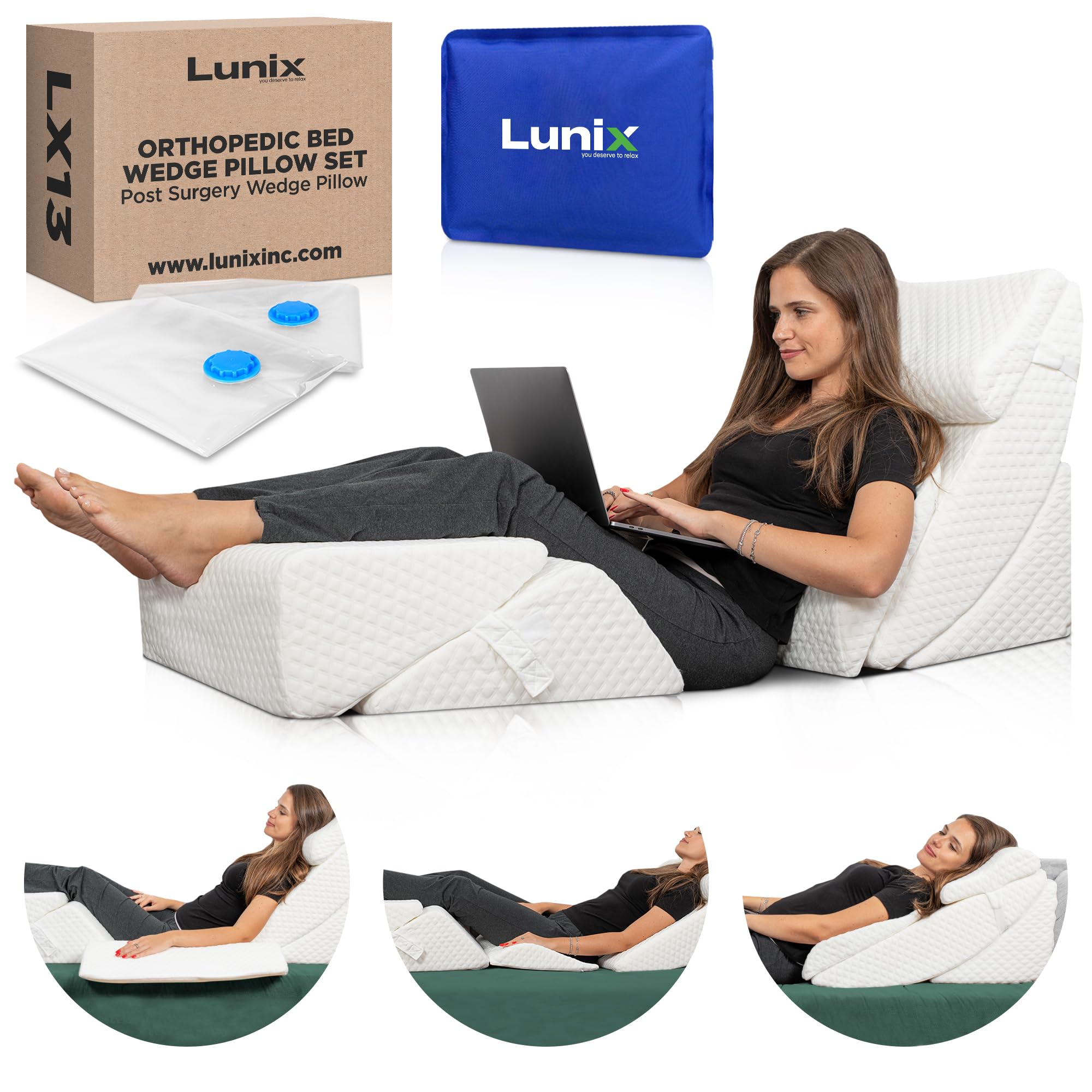 6-Piece Orthopedic Bed Wedge Pillow Set for Back, Neck & Leg Pain Relief - Post-Surgery Memory Foam Support Pillows with Adjustable Height for Sleeping, Acid Reflux, GERD - Includes Hot & Cold Therapy Pack (White) - Perfect for Recovery, Comfort & Pain Management at Home