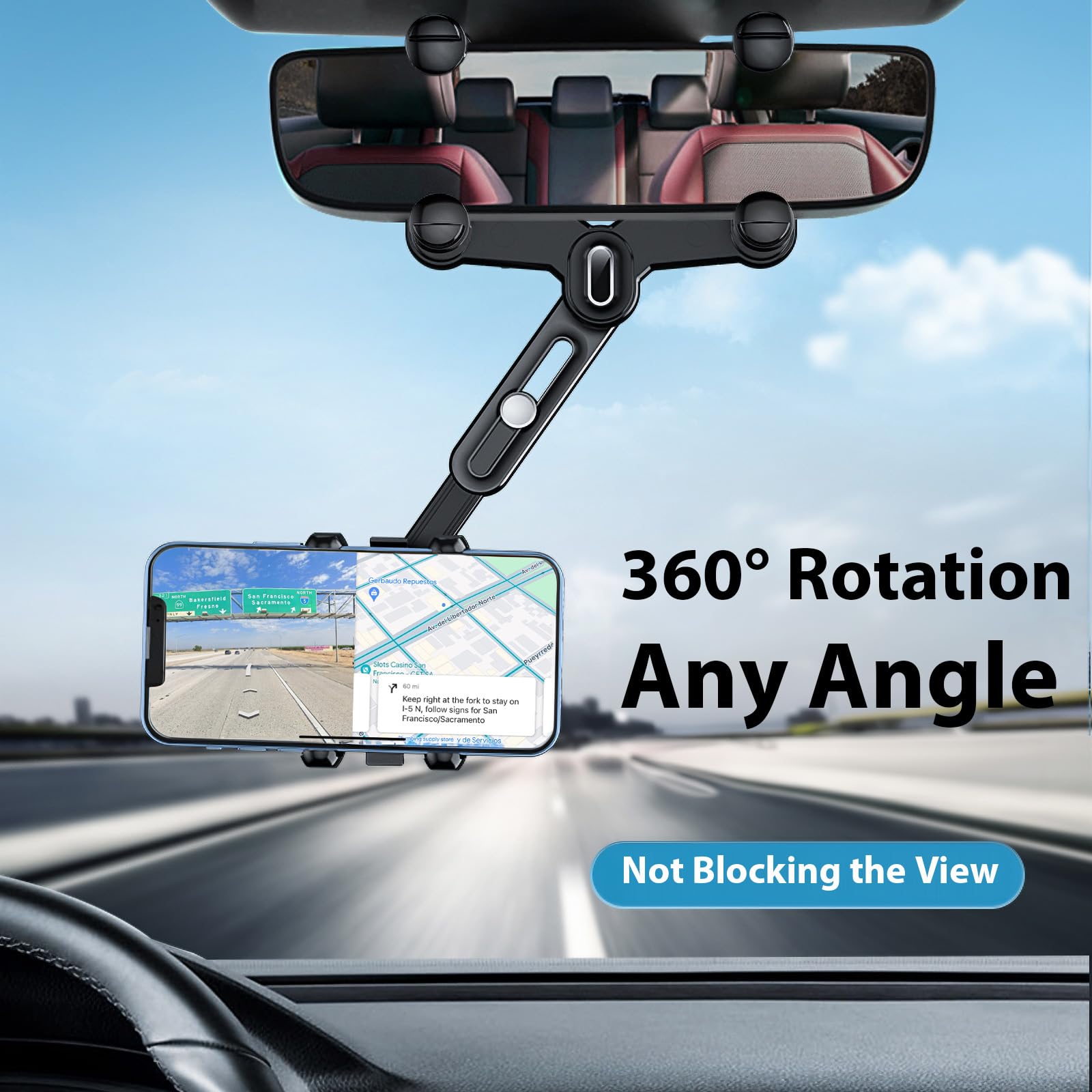 Rotatable Car Phone Mount for iPhone Samsung - Rear View Mirror Holder for 4-7IN Phones, Perfect for GPS Navigation