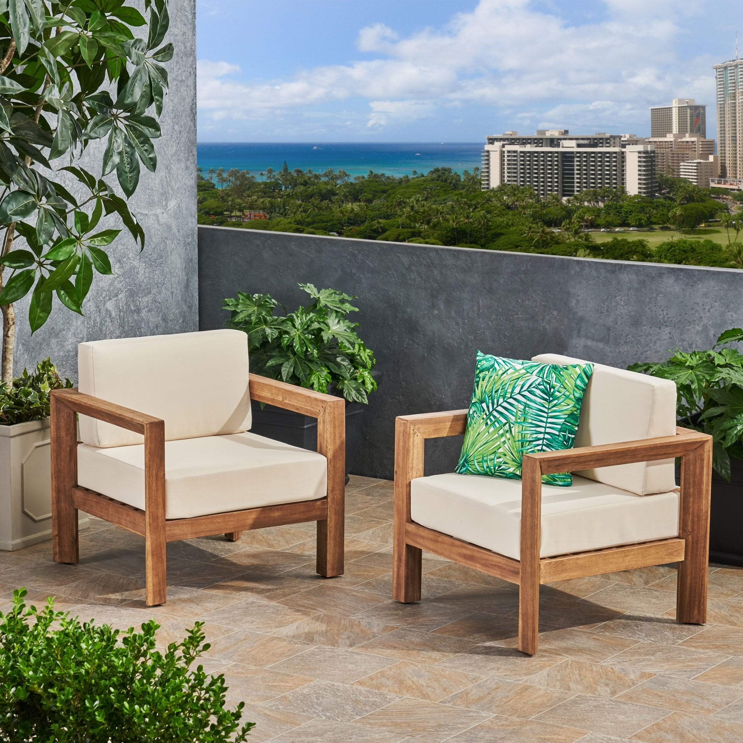 Beige Modern Outdoor Wooden Club Chairs with Water-Resistant Acacia Cushions (Set of 2) - Perfect for Patio, Garden, Poolside & Backyard Relaxation
