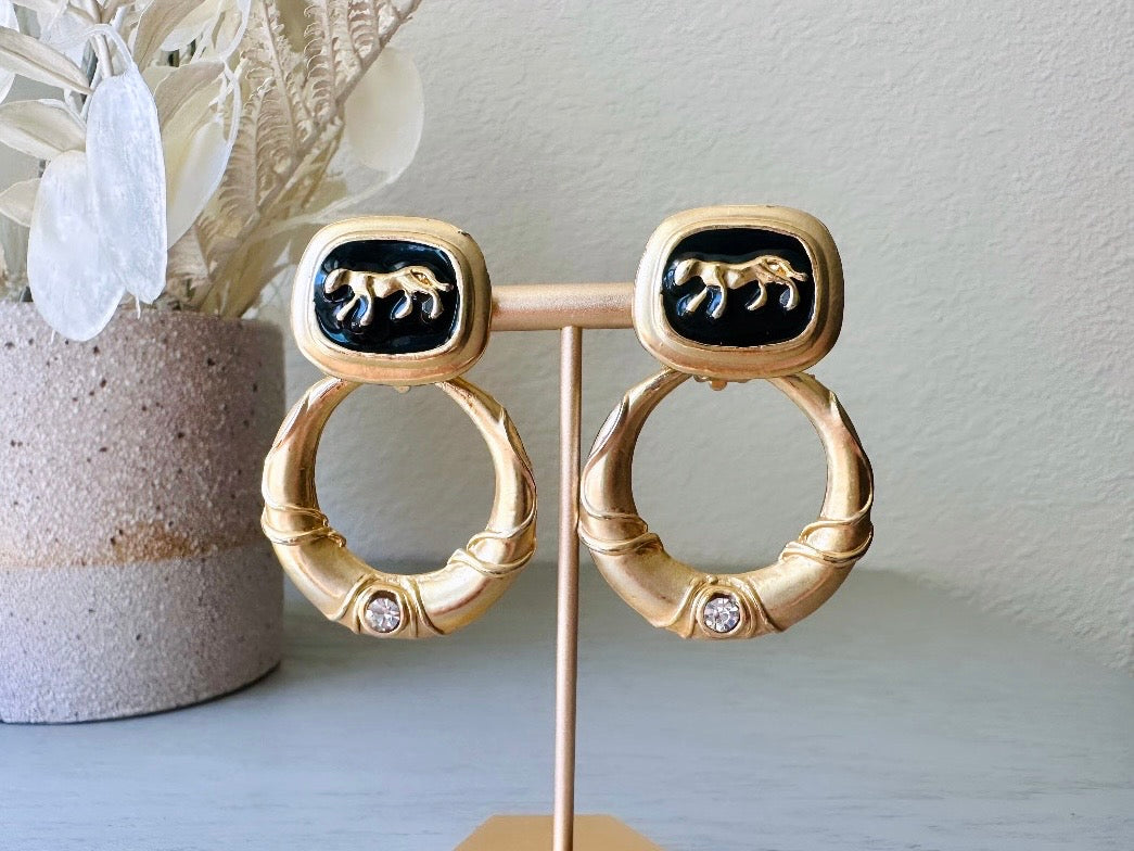 Vintage 1980s Black Enamel Panther Rhinestone Convertible Clip-On Earrings | Matte Gold Hoop Earrings for Women | Retro Fashion Jewelry for Parties, Weddings & Vintage Outfits