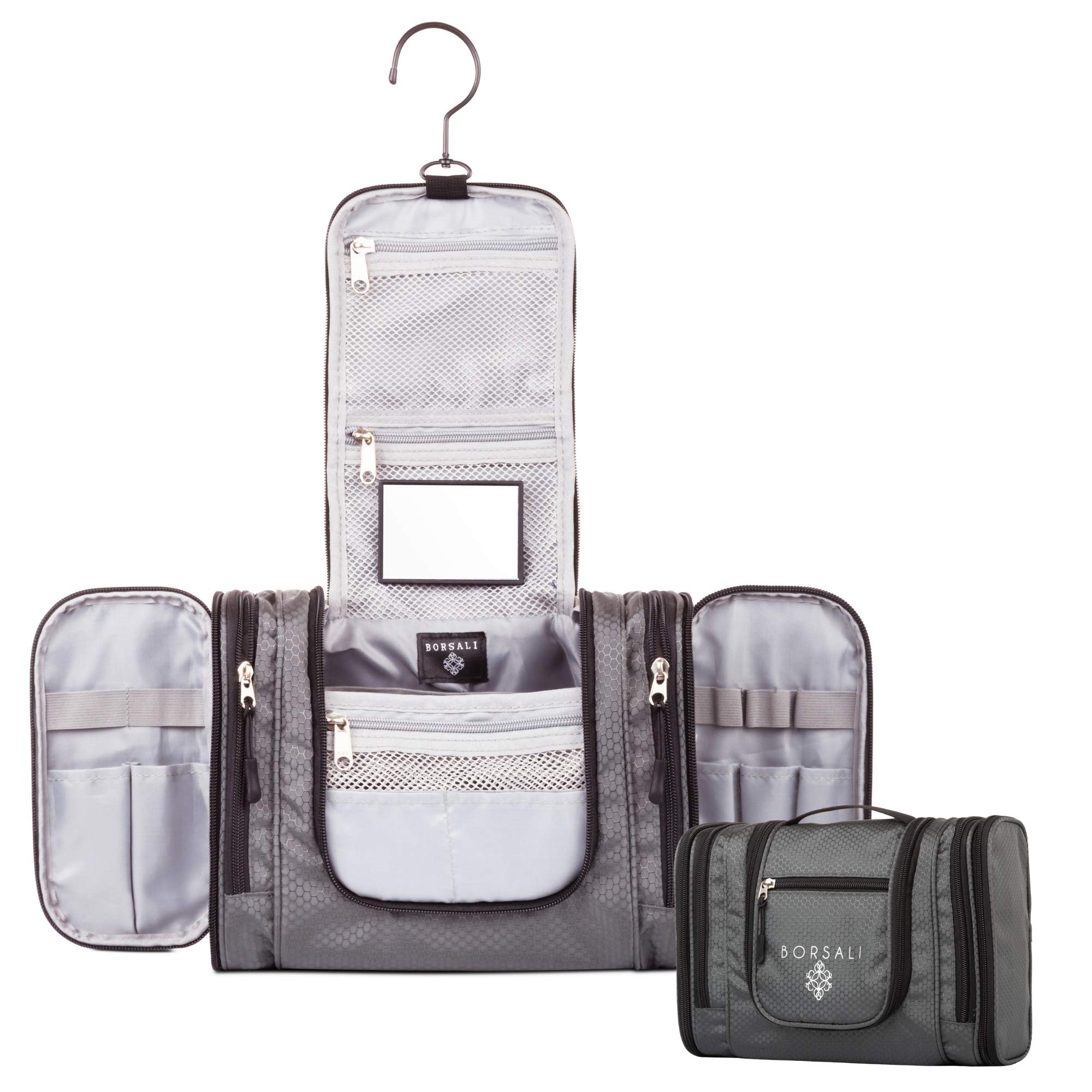 BORSALI Women's Hanging Travel Toiletries Bag with Mirror - Compact & Spacious 22-Compartment Cosmetic Organizer - Durable Swivel Hook & Mesh Pocket - Perfect for Vacation, Gym, Business Trips & Daily Use