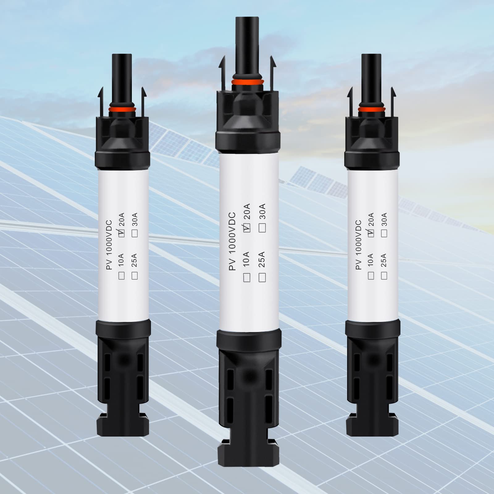 20A Solar Fuse Holder Connector IP68 Waterproof 1000V - Inline Solar Fuse Holder Kit with Male & Female Connectors (4 Fuses + 2 Holders) - Ideal for Solar Panel Systems, RV, Marine & Off-Grid Power Applications