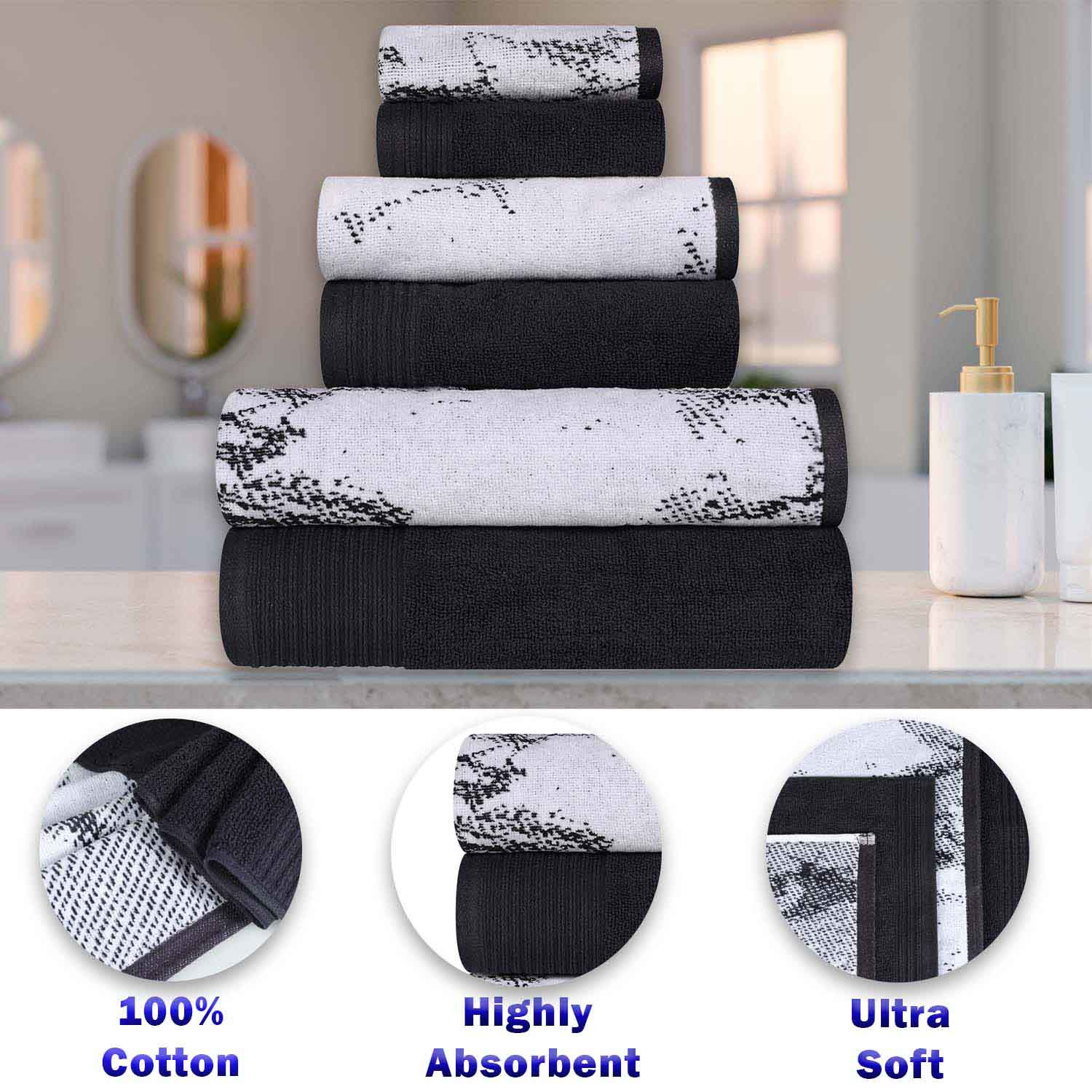 Premium 8-Piece Cotton Quick-Drying Towel Set - Solid & Marble Patterns for Bath, Beach, Gym, and Spa | Ultra Absorbent & Soft Bath Towels for Home & Travel