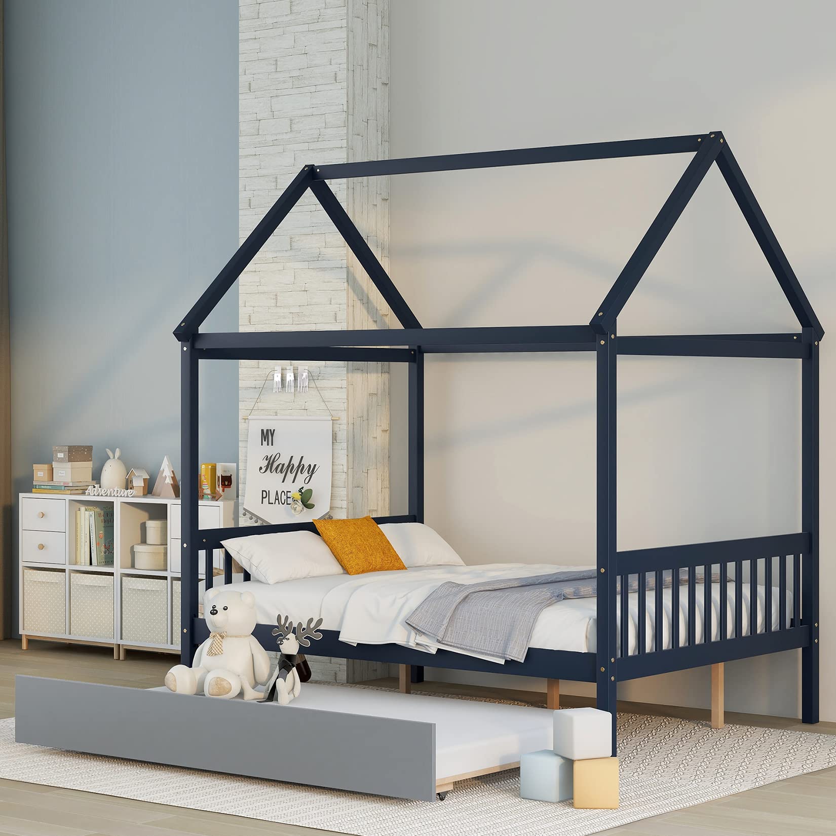 Full Size House Bed with Twin Trundle - Wooden Platform Bed Frame for Kids, Girls & Boys - Blue - Perfect for Bedrooms, Playrooms & Sleepovers