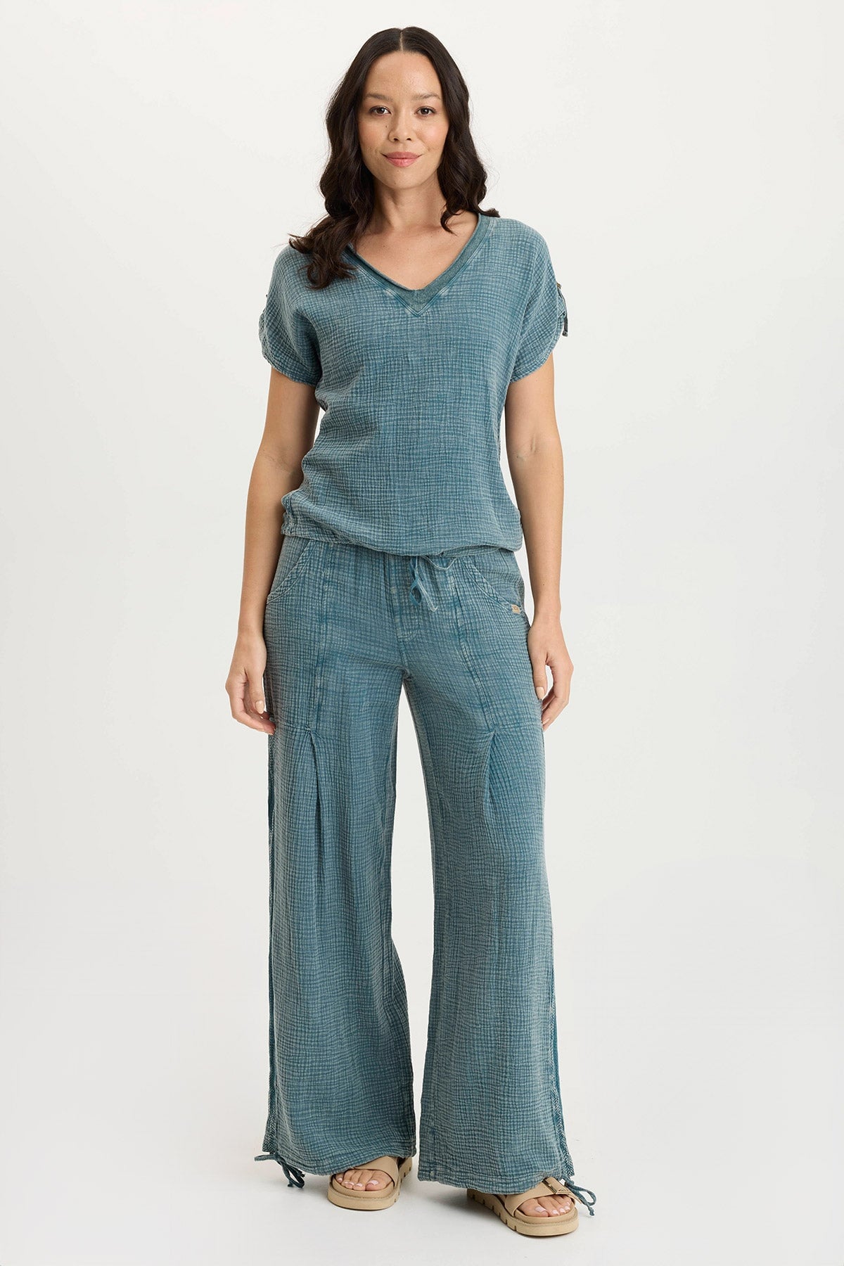 Lenka Gauze Cinched Wide Leg Pants - Women's Boho Loose Fit High Waisted Palazzo Trousers for Summer, Beach, and Casual Outings