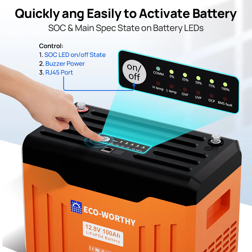 ECO WORTHY 12V 100AH Deep Cycle Lithium Battery with LCD Display & 100A BMS - Low Temperature Protection for RV, Solar, Marine & Off-Grid Power Systems