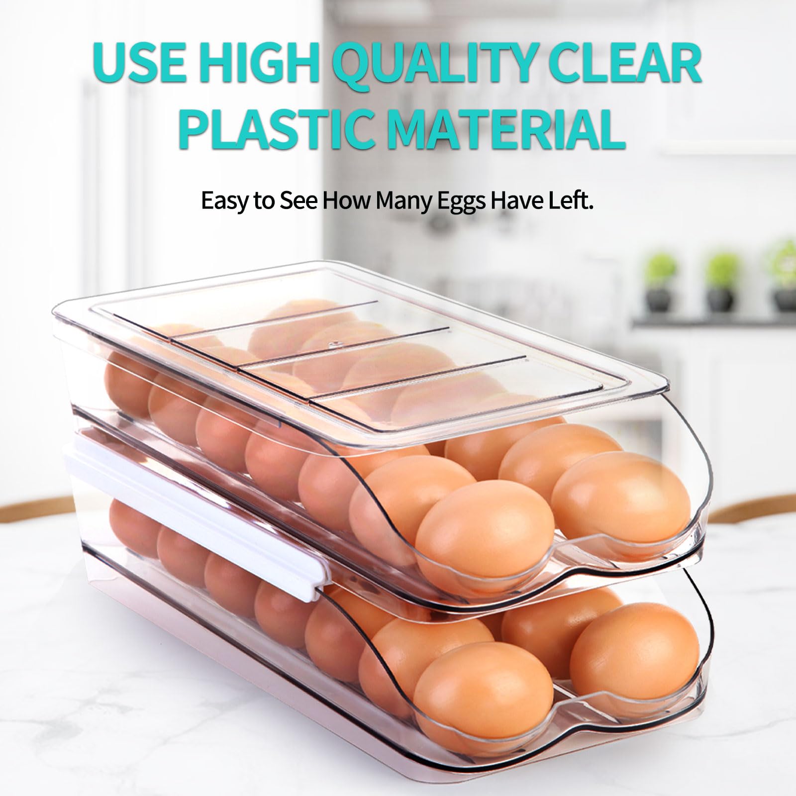 Automatic Rolling Egg Holder for Refrigerator - 2 Tier Stackable Clear Plastic Egg Container with Lid | Fridge Organizer & Storage Dispenser | Perfect for Kitchen Organization & Fresh Egg Storage
