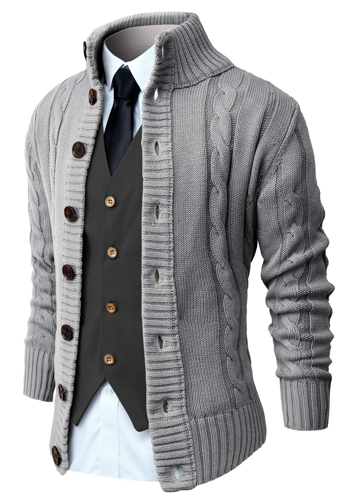 NITAGUT Men's Long Sleeve Stand Collar Cable Knit Cardigan Sweater with Buttons - Cozy Winter Pullover for Office, Dating & Casual Outfits