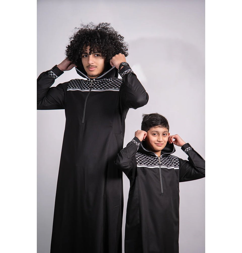 Boys Islamic Thobe Full Length with Keffiyeh - Black | Traditional Muslim Prayer Outfit for Eid & Mosque