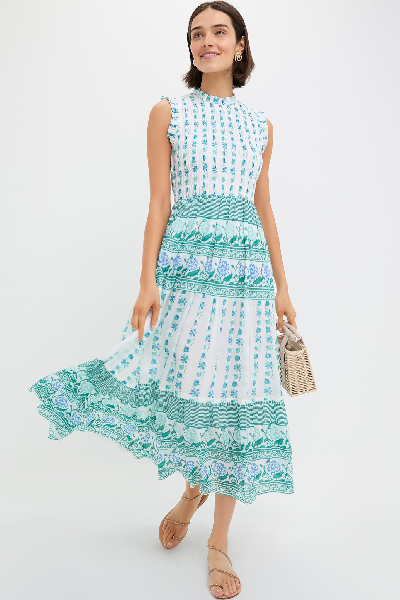 Boreggo Green Sleeveless Smocked Maxi Dress for Women - Summer Beach Boho Flowy Long Dress with Elastic Waist, Perfect for Vacations, Weddings & Outdoor Parties
