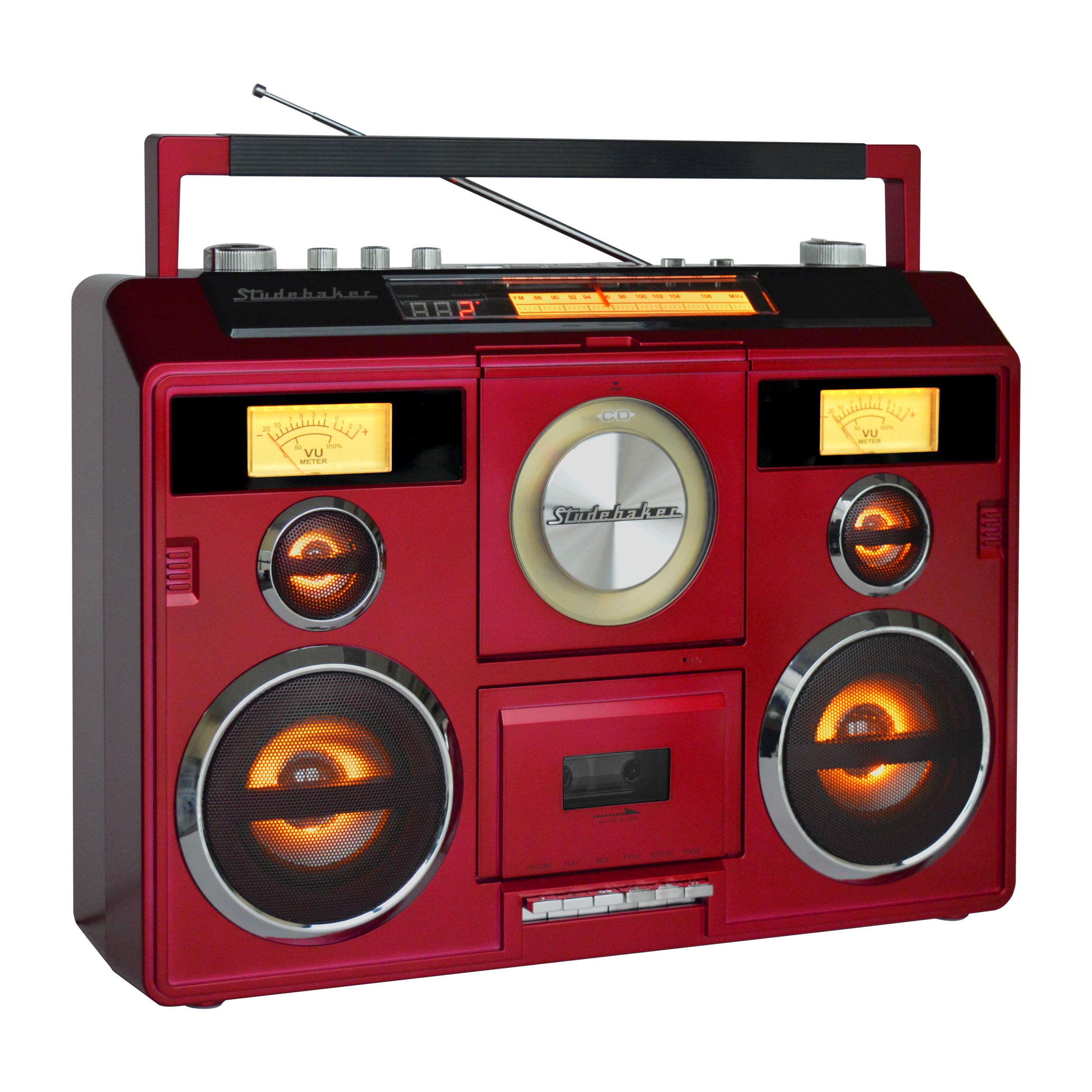 Portable Bluetooth Stereo System with CD Player, AM/FM Radio & Cassette Recorder - Red | Wireless Music Streaming for Home, Office & Outdoor Parties